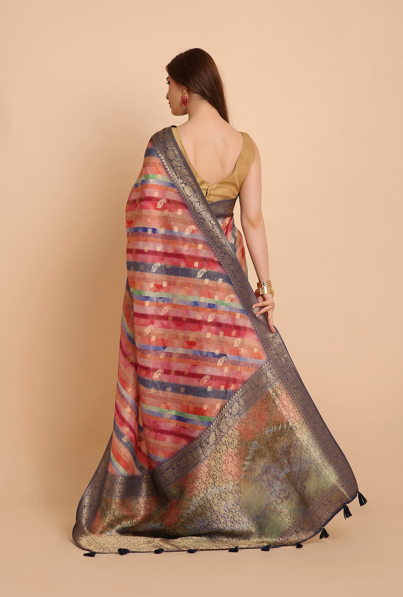 MULTI COLOUR LAHERIYA WITH BLUE BORDER FANCY TISSU SAREE