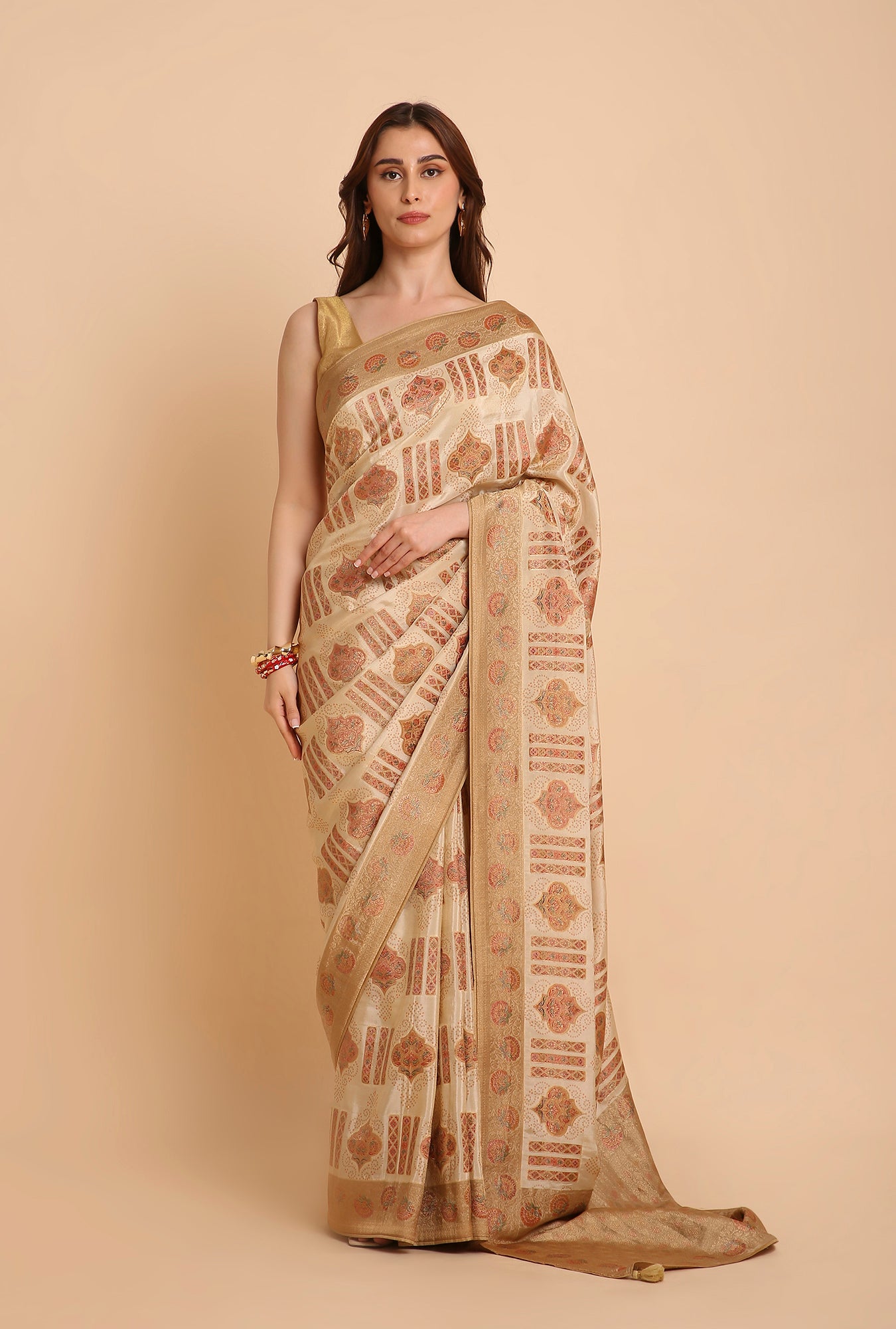 CREAM WITH GOLDEN BORDER FANCY RANKAT CRAPE SAREE