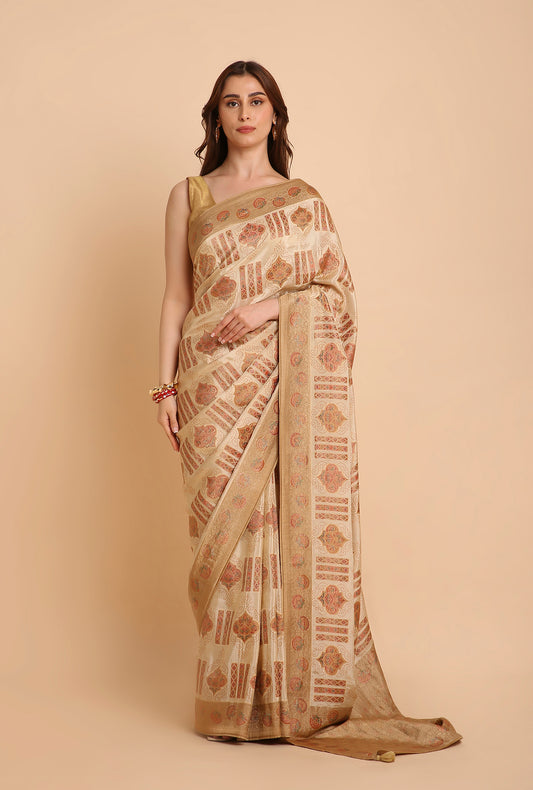 CREAM WITH GOLDEN BORDER FANCY RANKAT CRAPE SAREE
