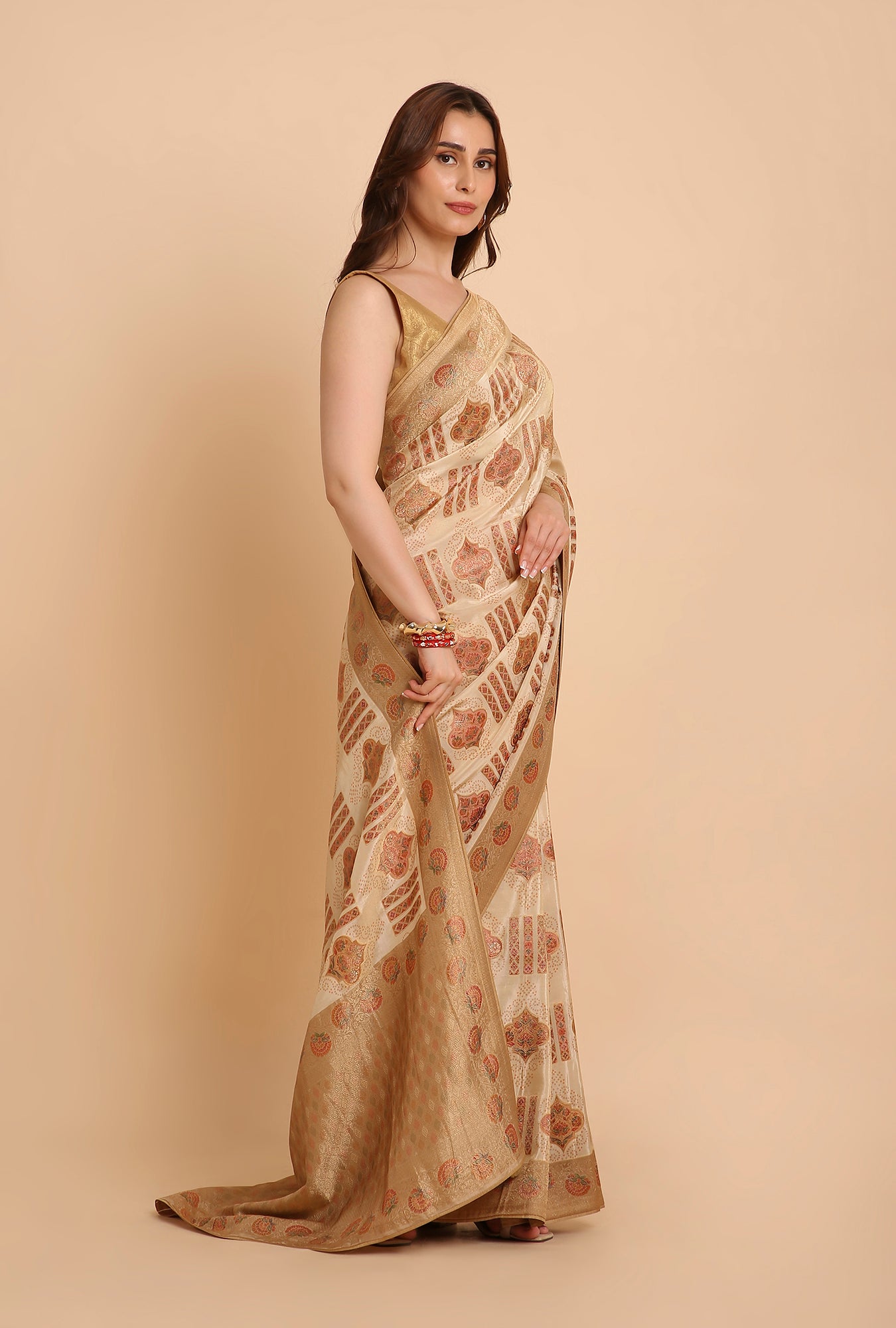 CREAM WITH GOLDEN BORDER FANCY RANKAT CRAPE SAREE