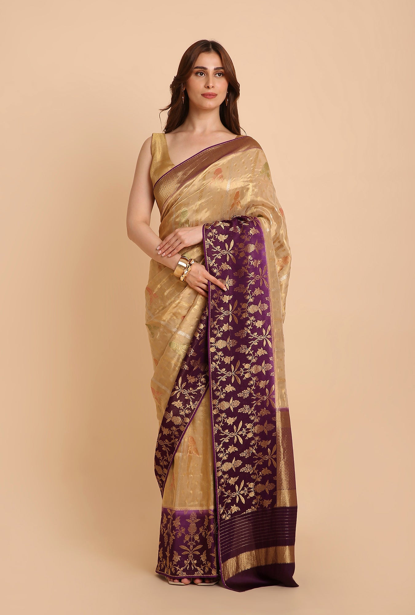 GOLDEN WITH PURPLE BORDER FANCY TISSU SAREE