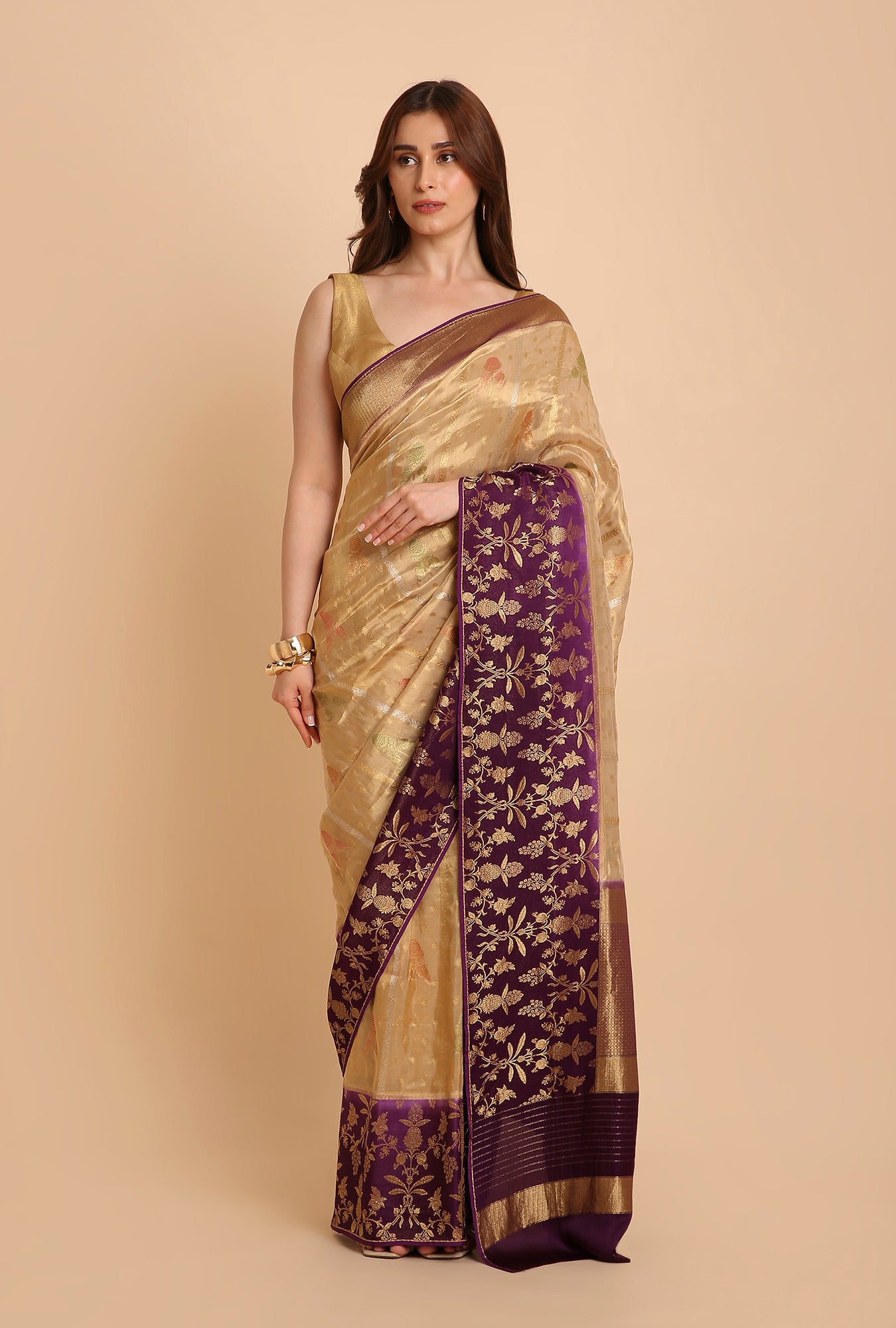 GOLDEN WITH PURPLE BORDER FANCY TISSU SAREE