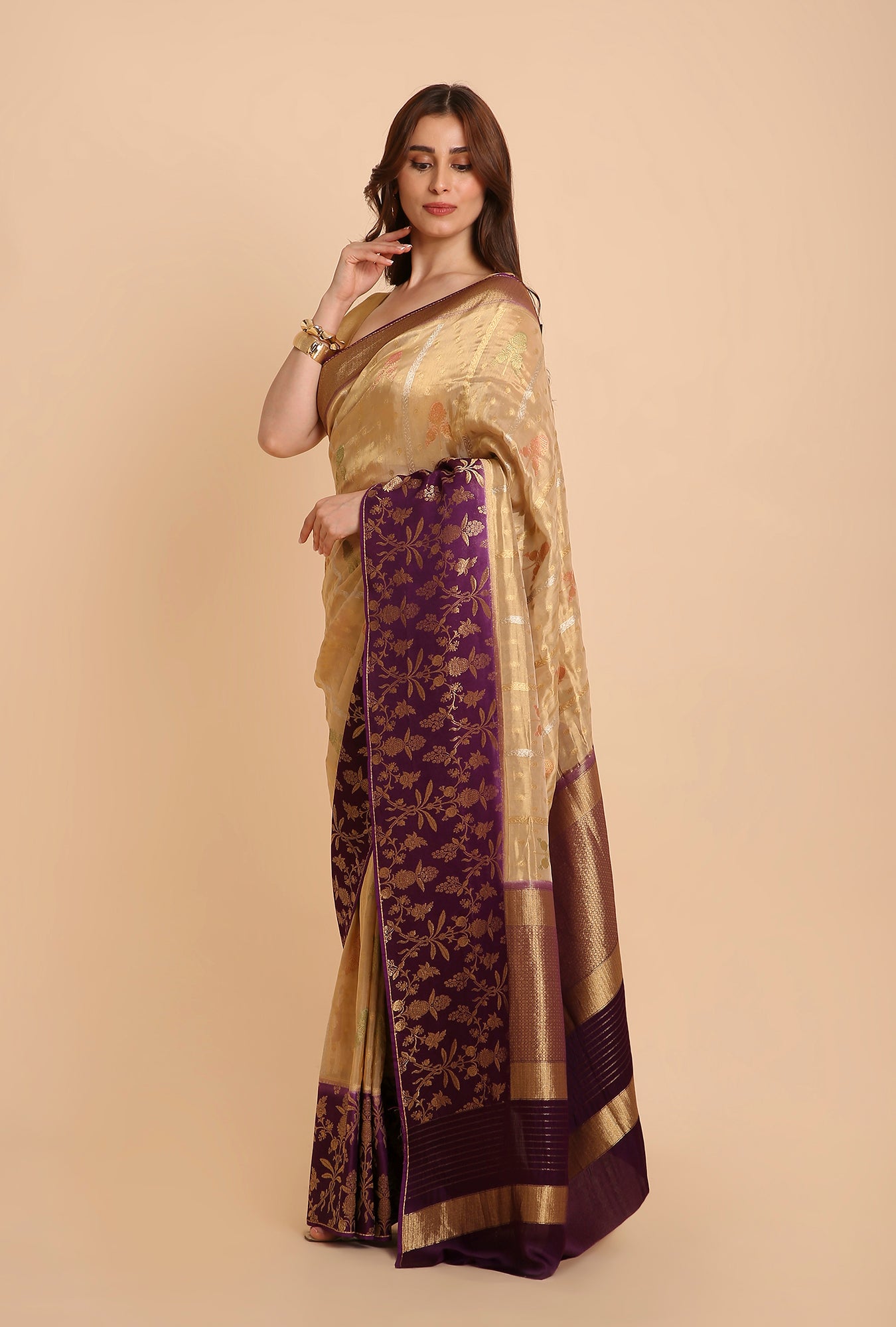 GOLDEN WITH PURPLE BORDER FANCY TISSU SAREE