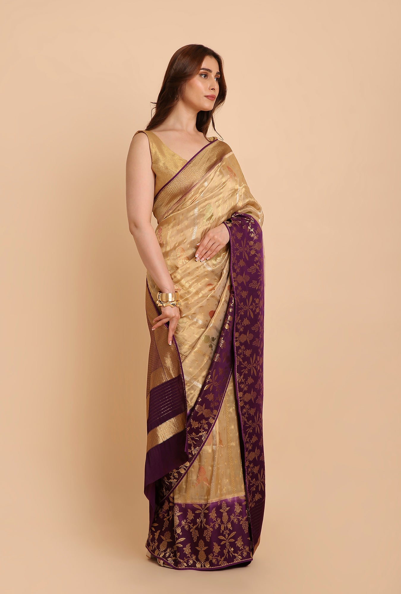 GOLDEN WITH PURPLE BORDER FANCY TISSU SAREE