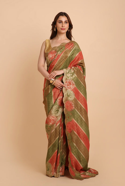 MULTI COLOUR SCALLOPIN BORDER FANCY TISSU SAREE
