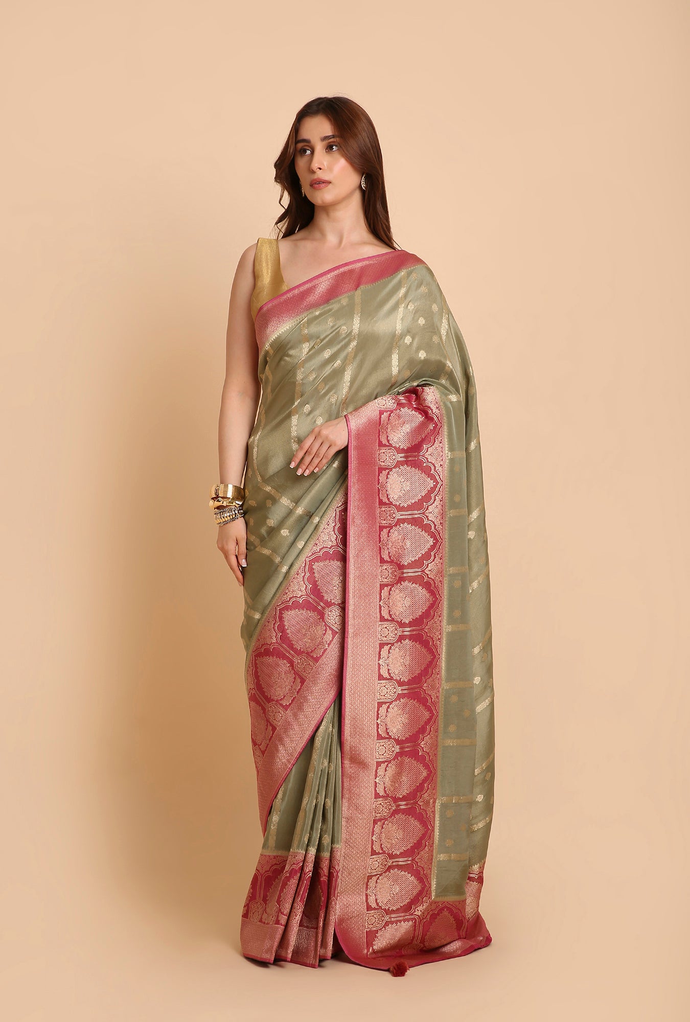 GREENISH GREY FANCY TISSU SAREE