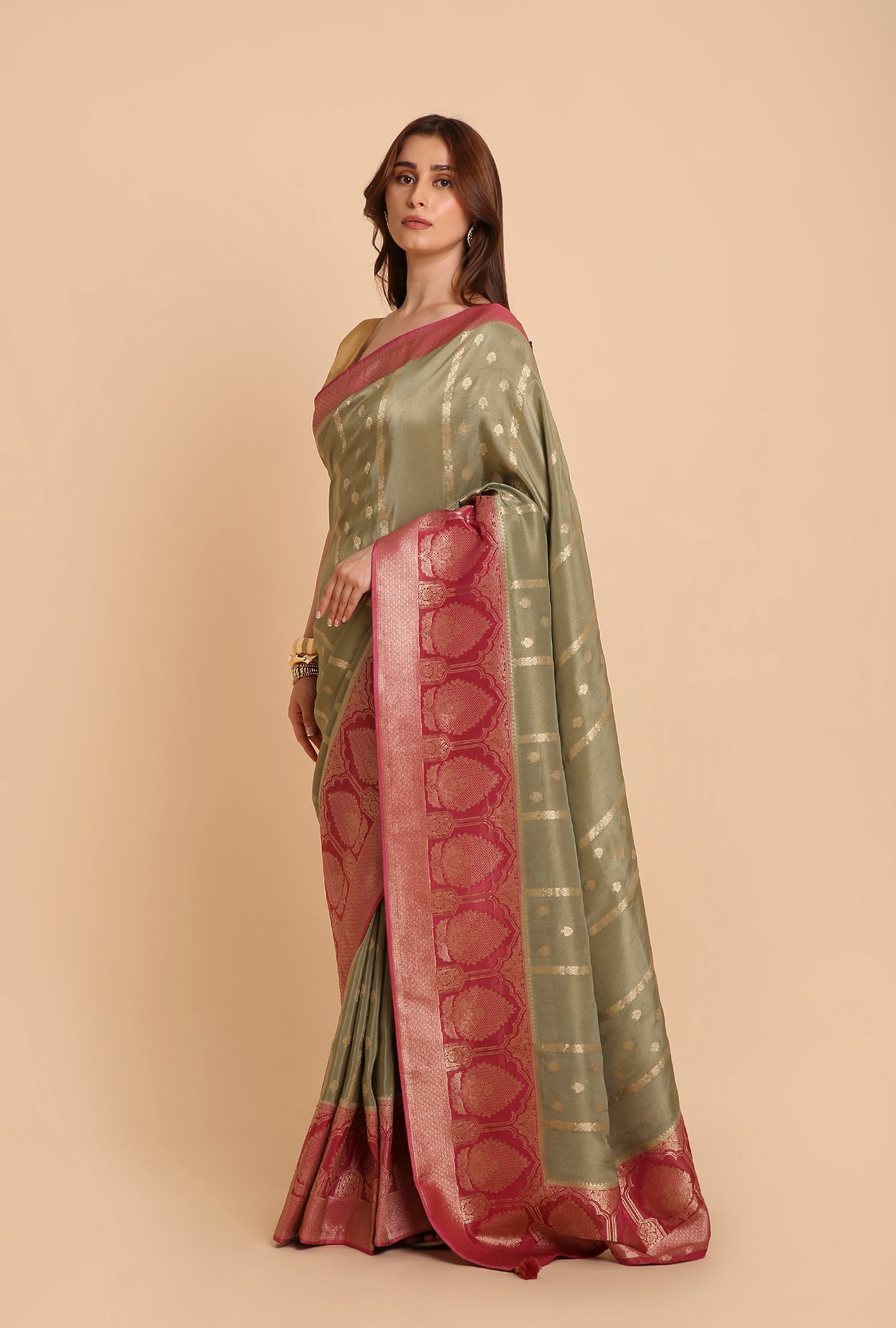 GREENISH GREY FANCY TISSU SAREE