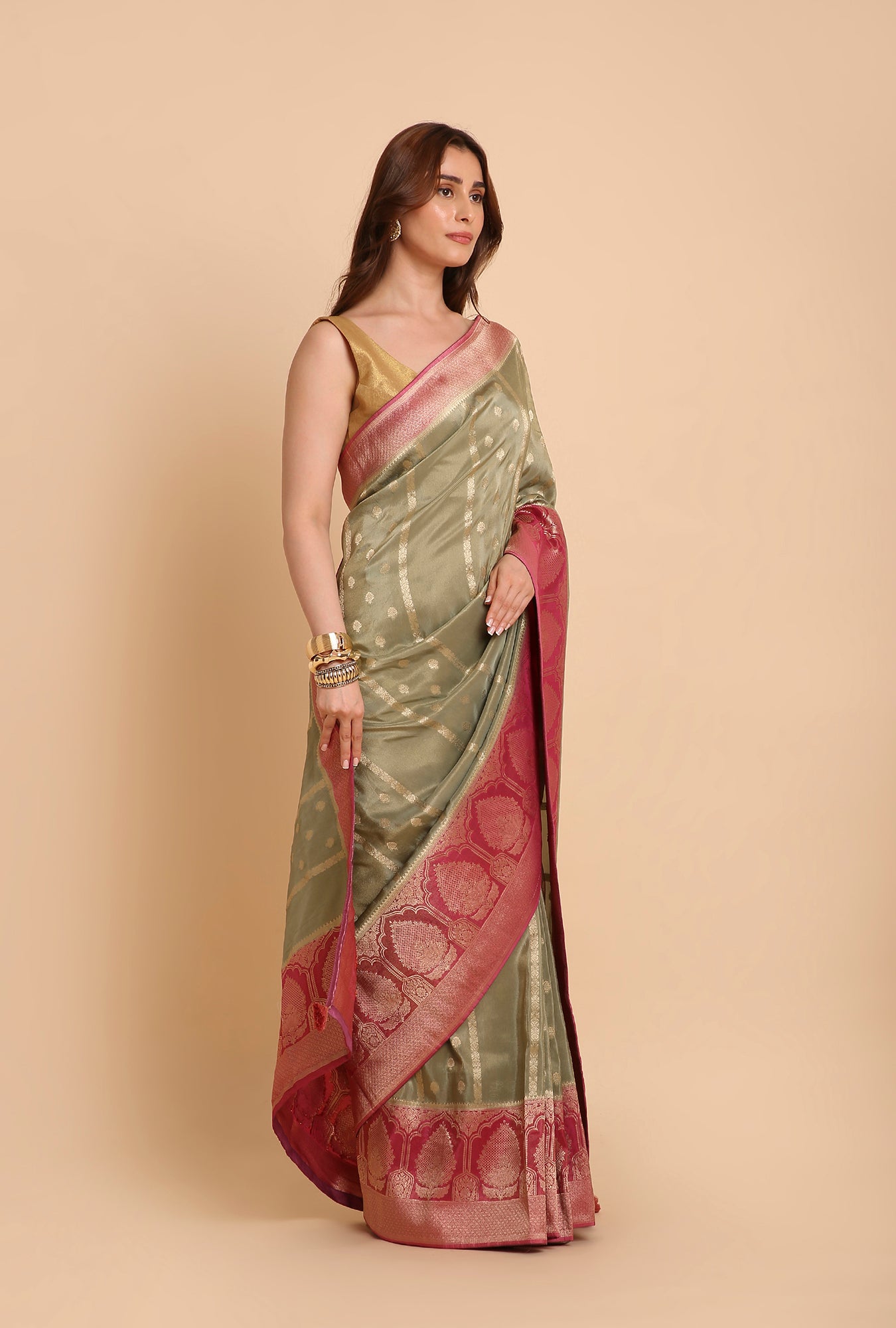 GREENISH GREY FANCY TISSU SAREE