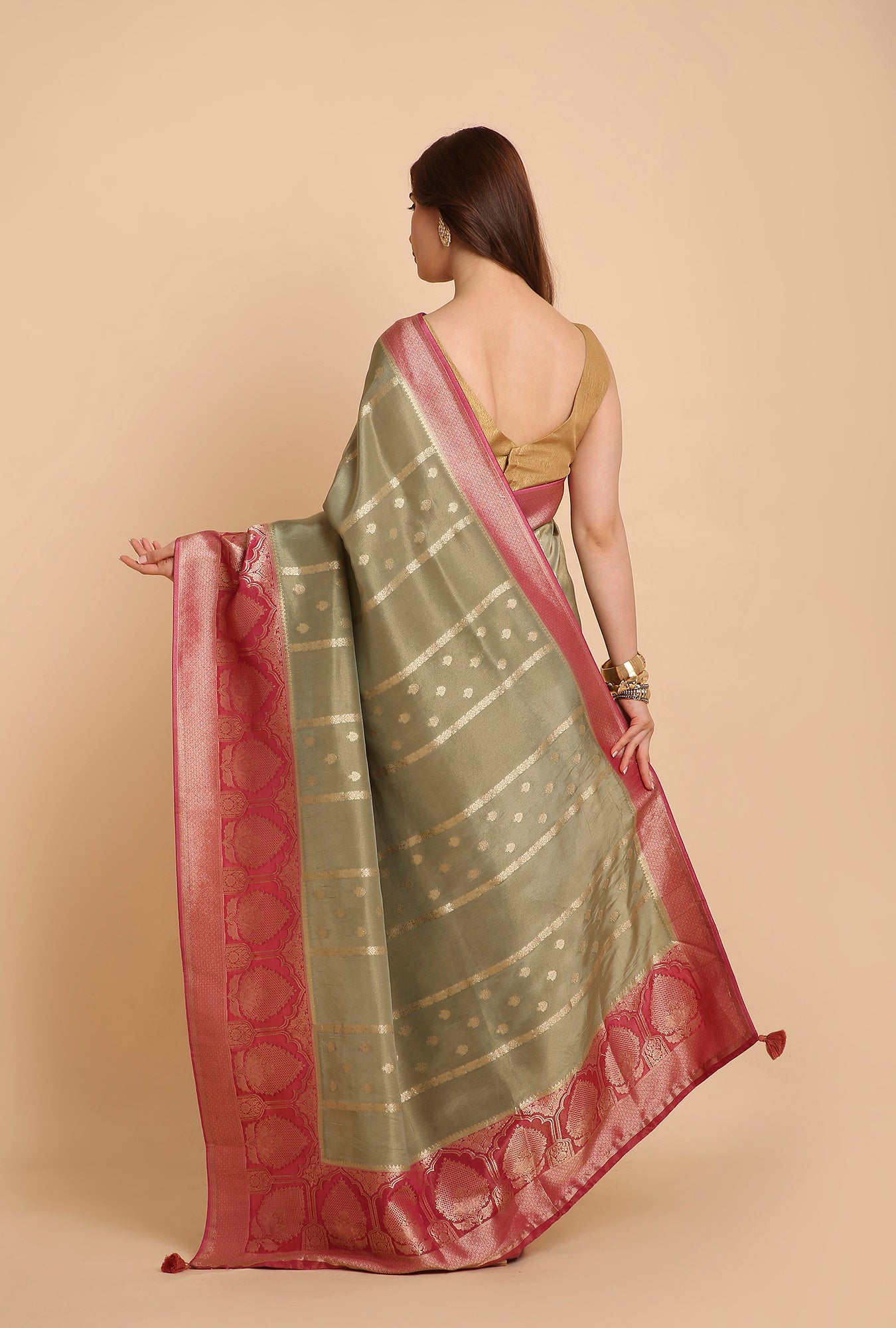 GREENISH GREY FANCY TISSU SAREE
