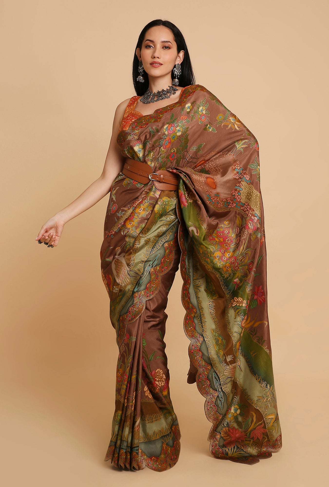 DARK BROWN POSITION PRINT MOONGA SILK SAREE