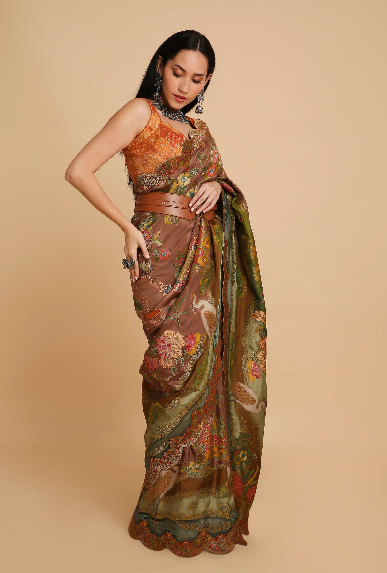 DARK BROWN POSITION PRINT MOONGA SILK SAREE