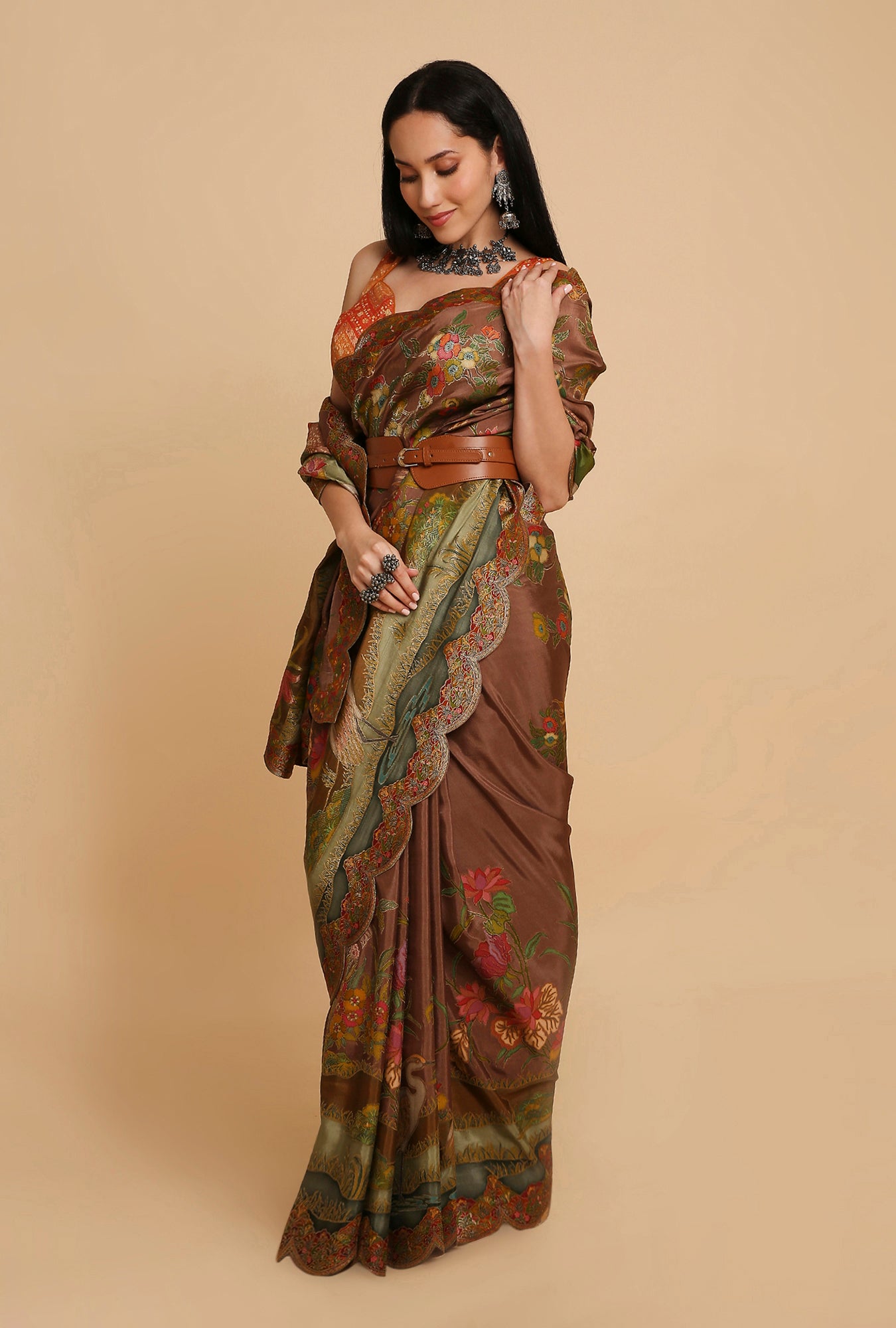 DARK BROWN POSITION PRINT MOONGA SILK SAREE