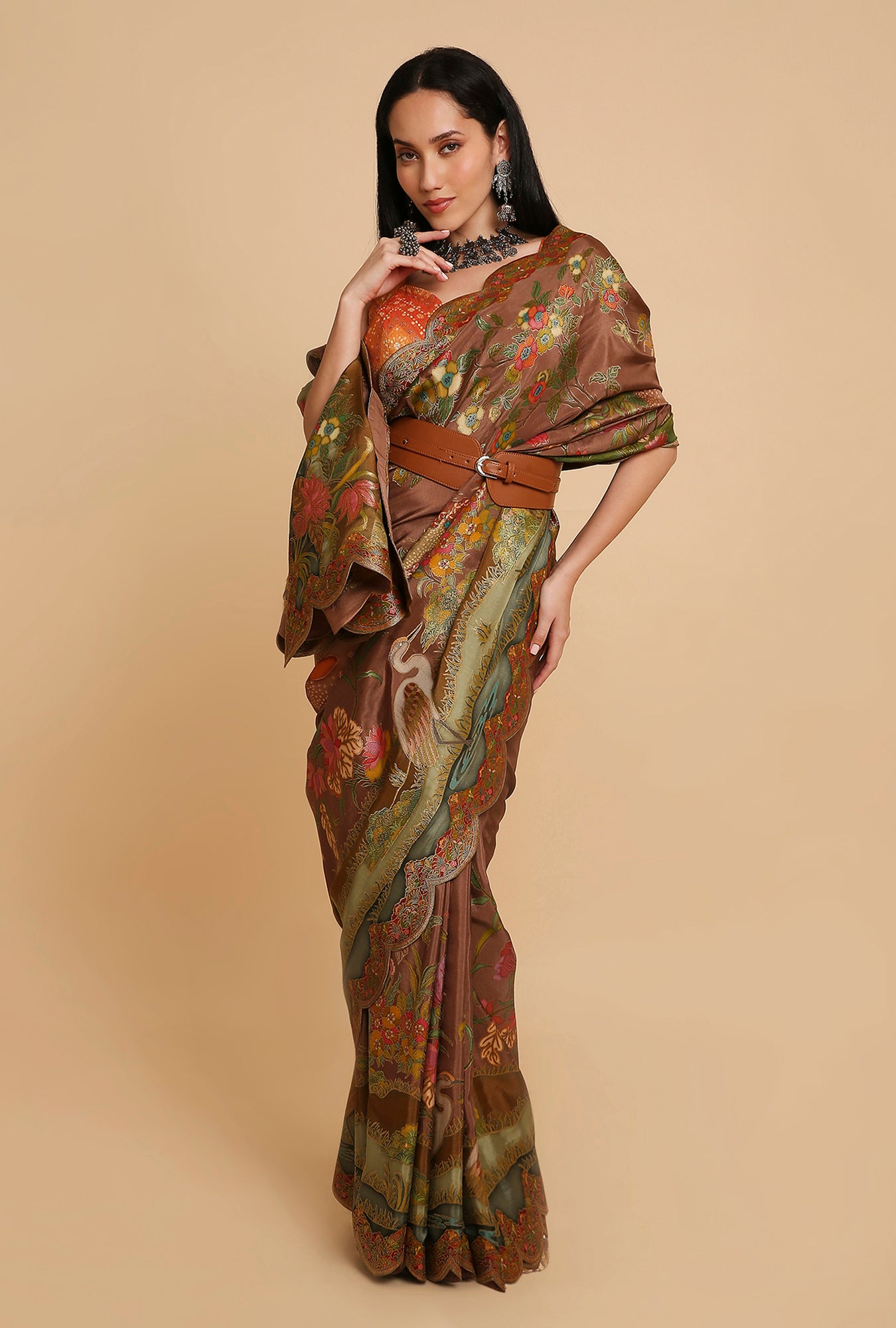 DARK BROWN POSITION PRINT MOONGA SILK SAREE