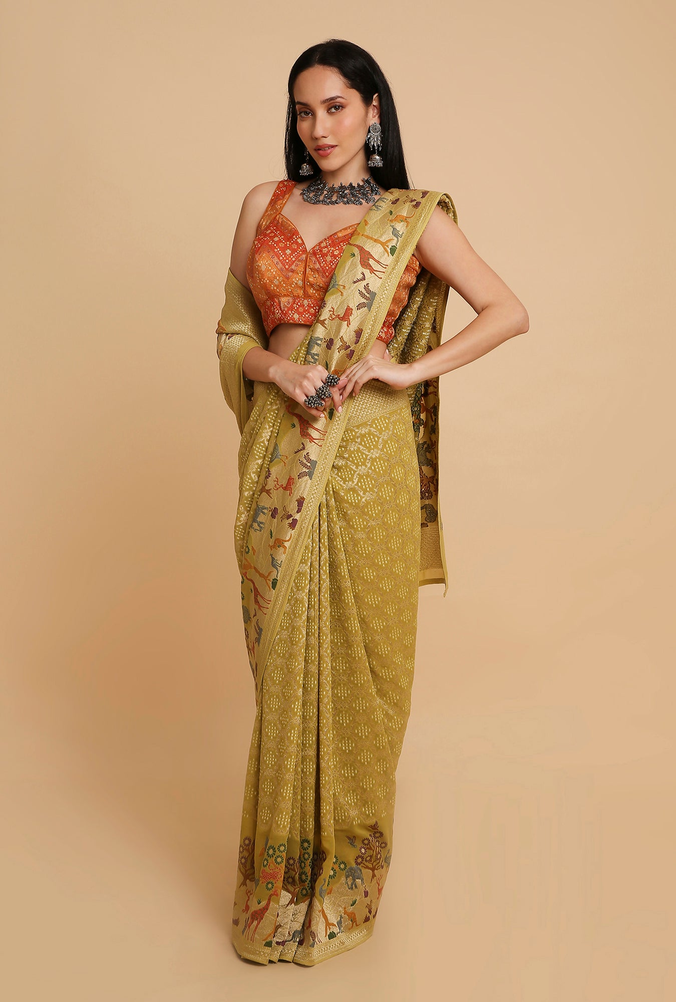 OLIVE GREEN GEORGETTE BANDHANI SAREE