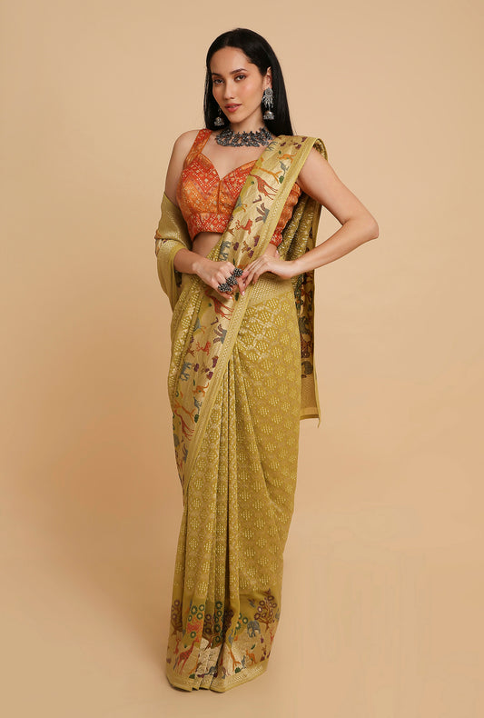 OLIVE GREEN GEORGETTE BANDHANI SAREE