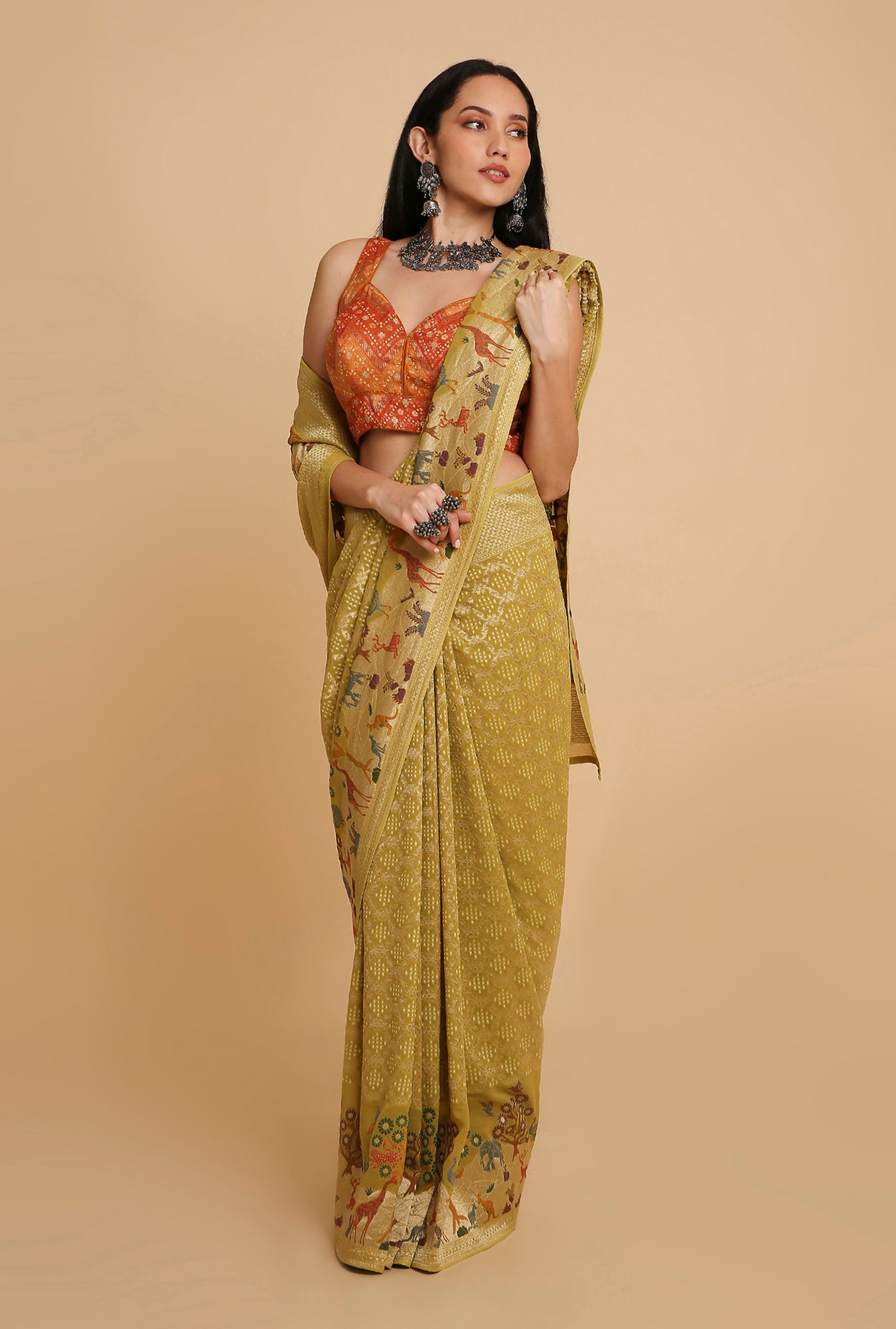 OLIVE GREEN GEORGETTE BANDHANI SAREE