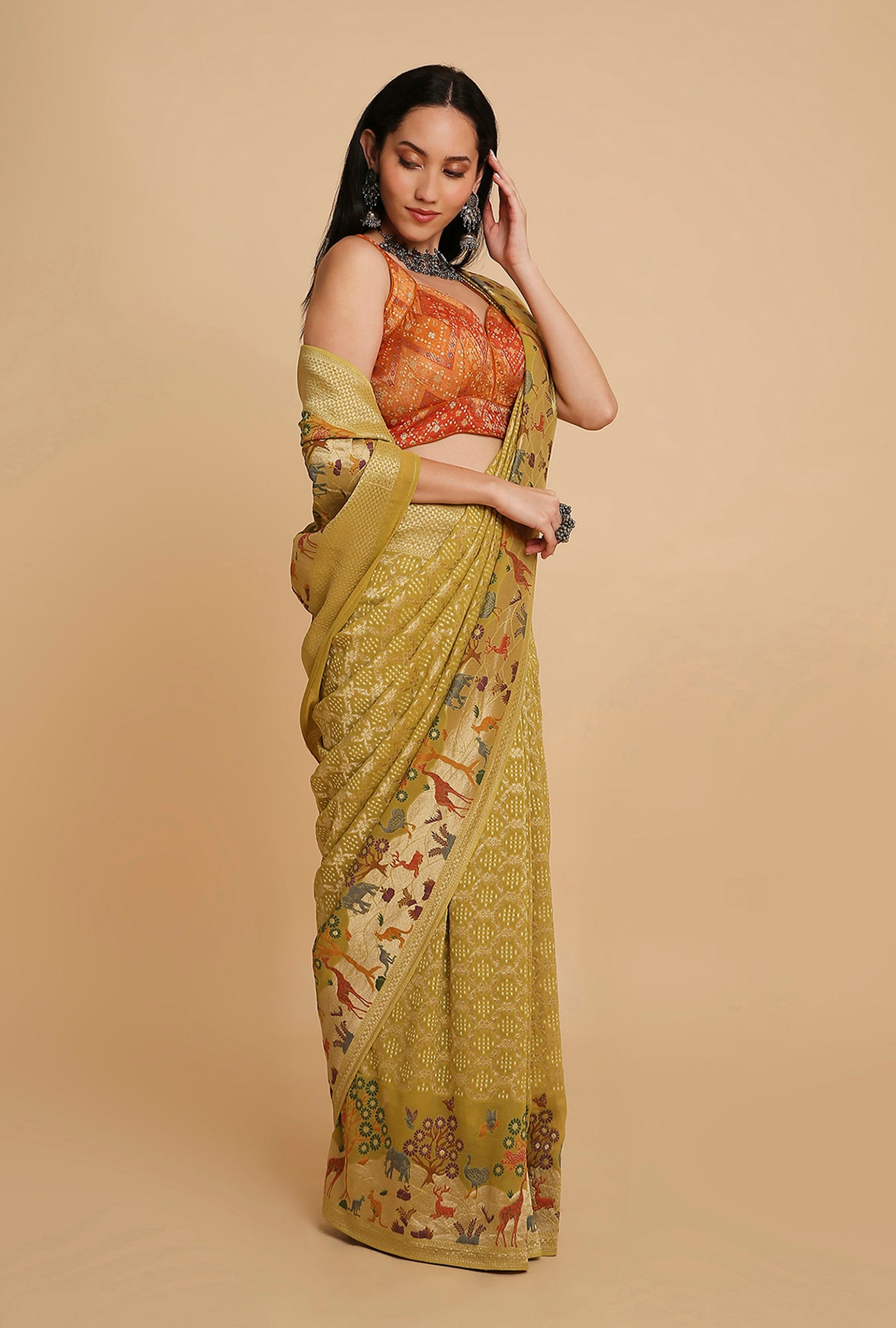 OLIVE GREEN GEORGETTE BANDHANI SAREE