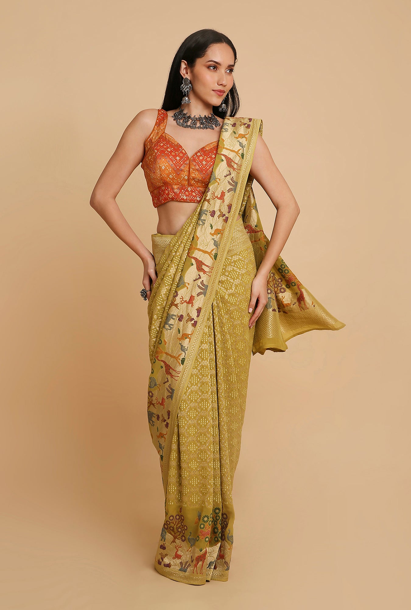 OLIVE GREEN GEORGETTE BANDHANI SAREE