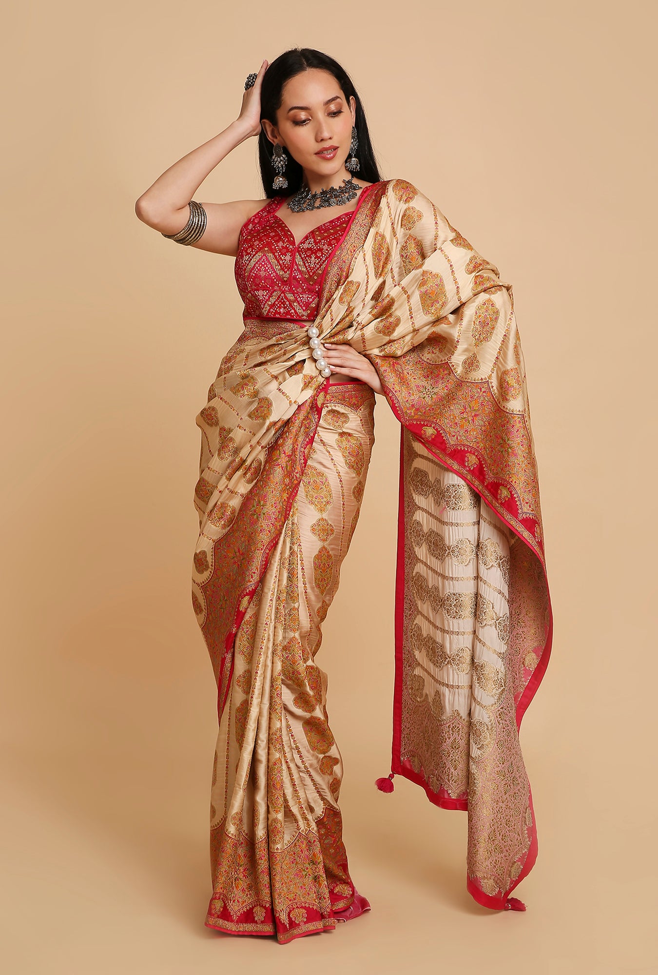 CREAM POSITION PRINT SATIN SILK SAREE
