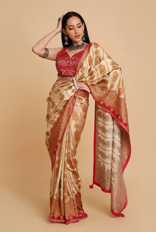 CREAM POSITION PRINT SATIN SILK SAREE