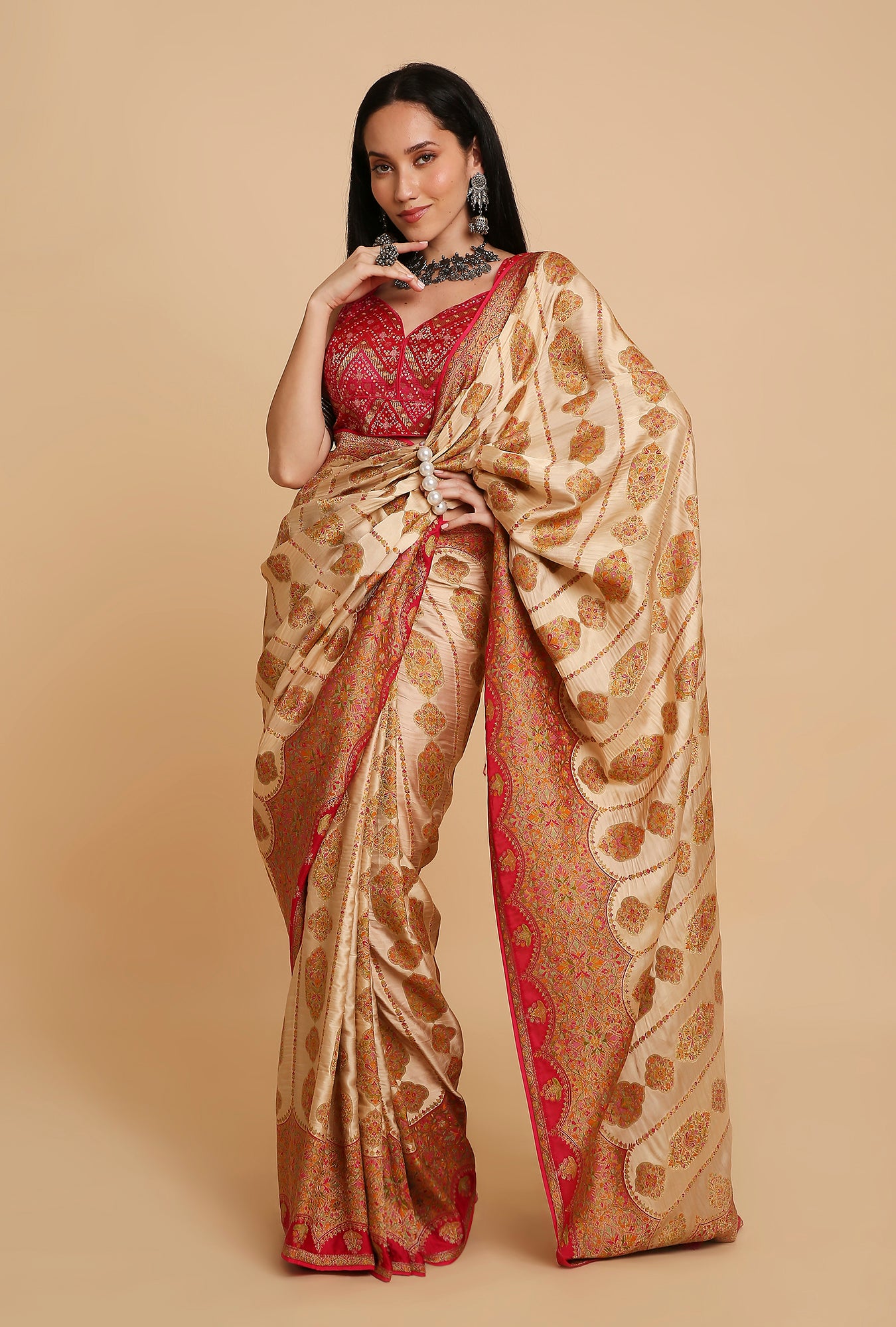 CREAM POSITION PRINT SATIN SILK SAREE
