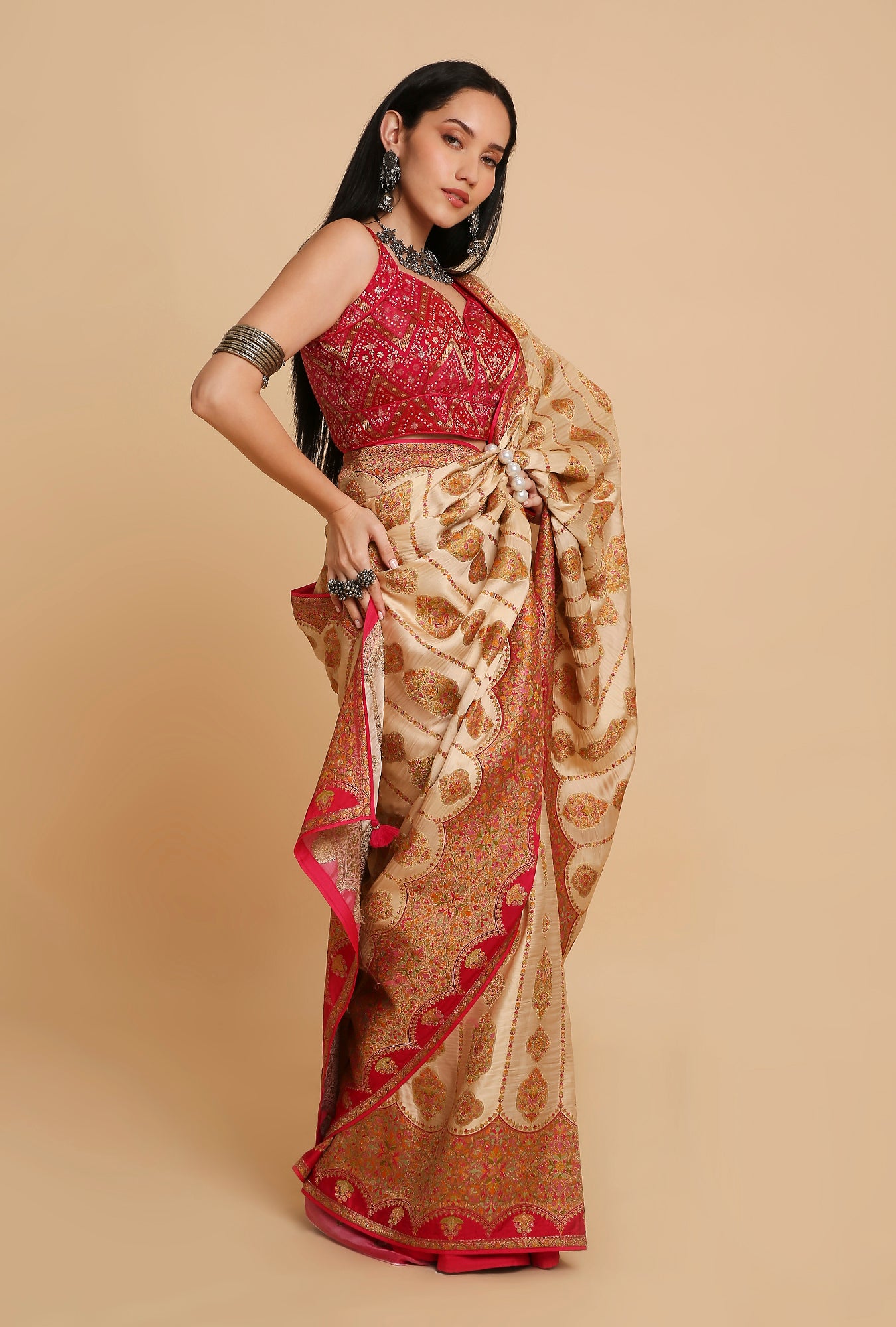 CREAM POSITION PRINT SATIN SILK SAREE