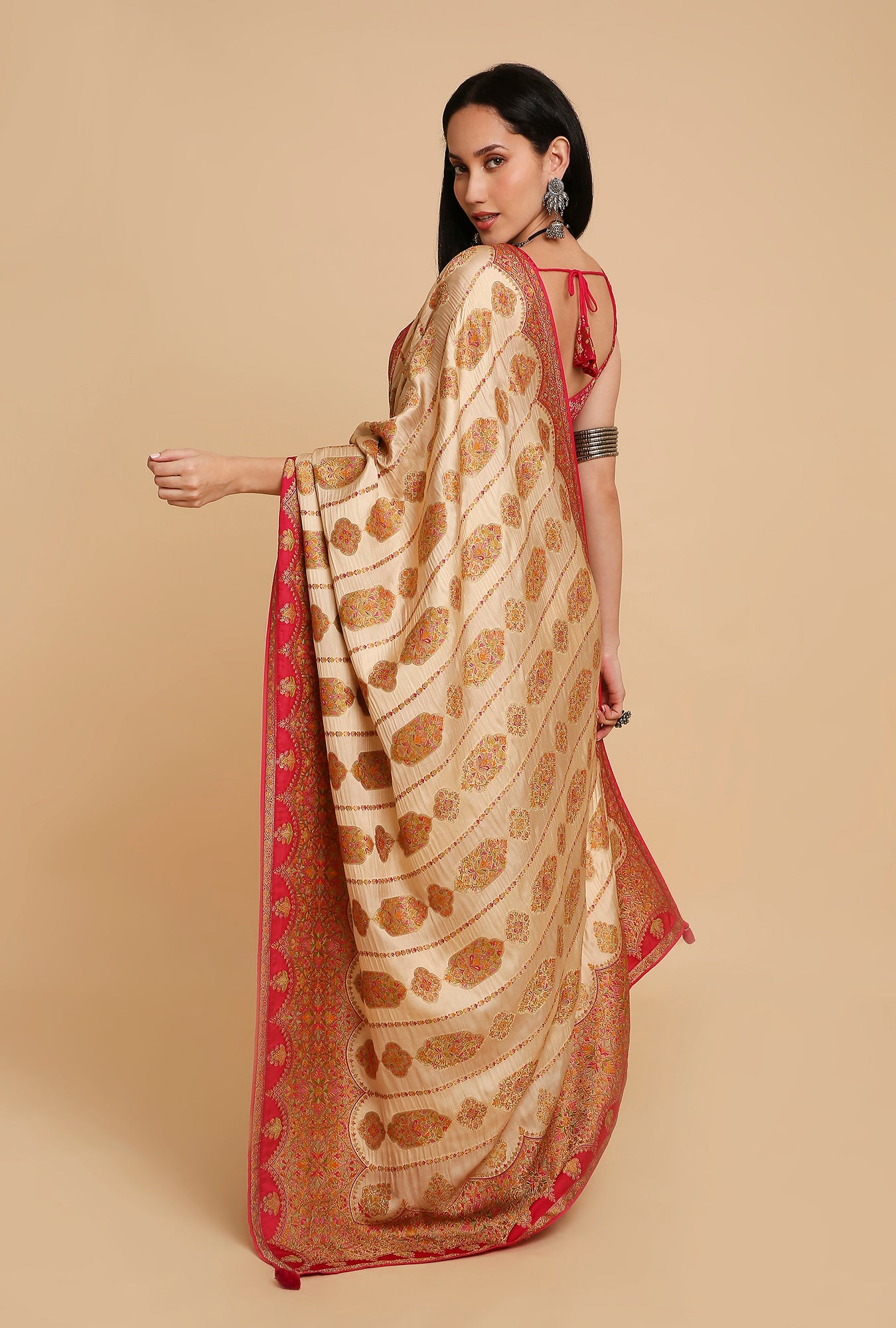 CREAM POSITION PRINT SATIN SILK SAREE