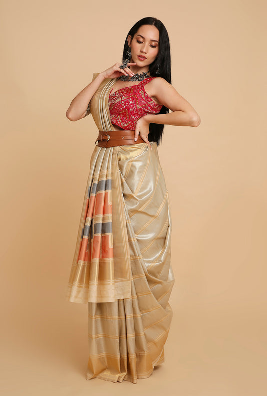 GOLDEN SILVER BROCADE SILK