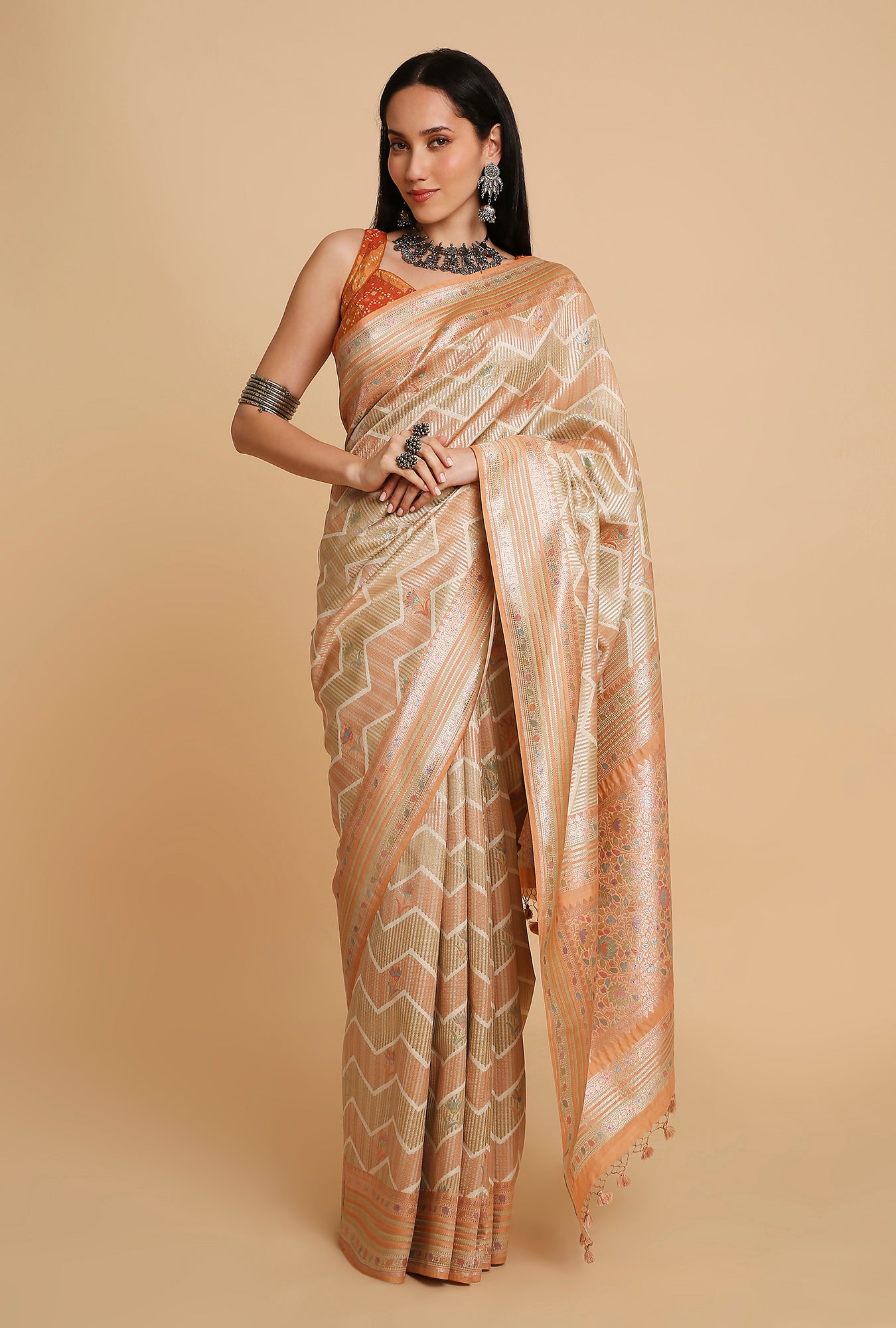 LIGHT ORANGE AND GREEN WOVEN POSITION PRINT SAREE