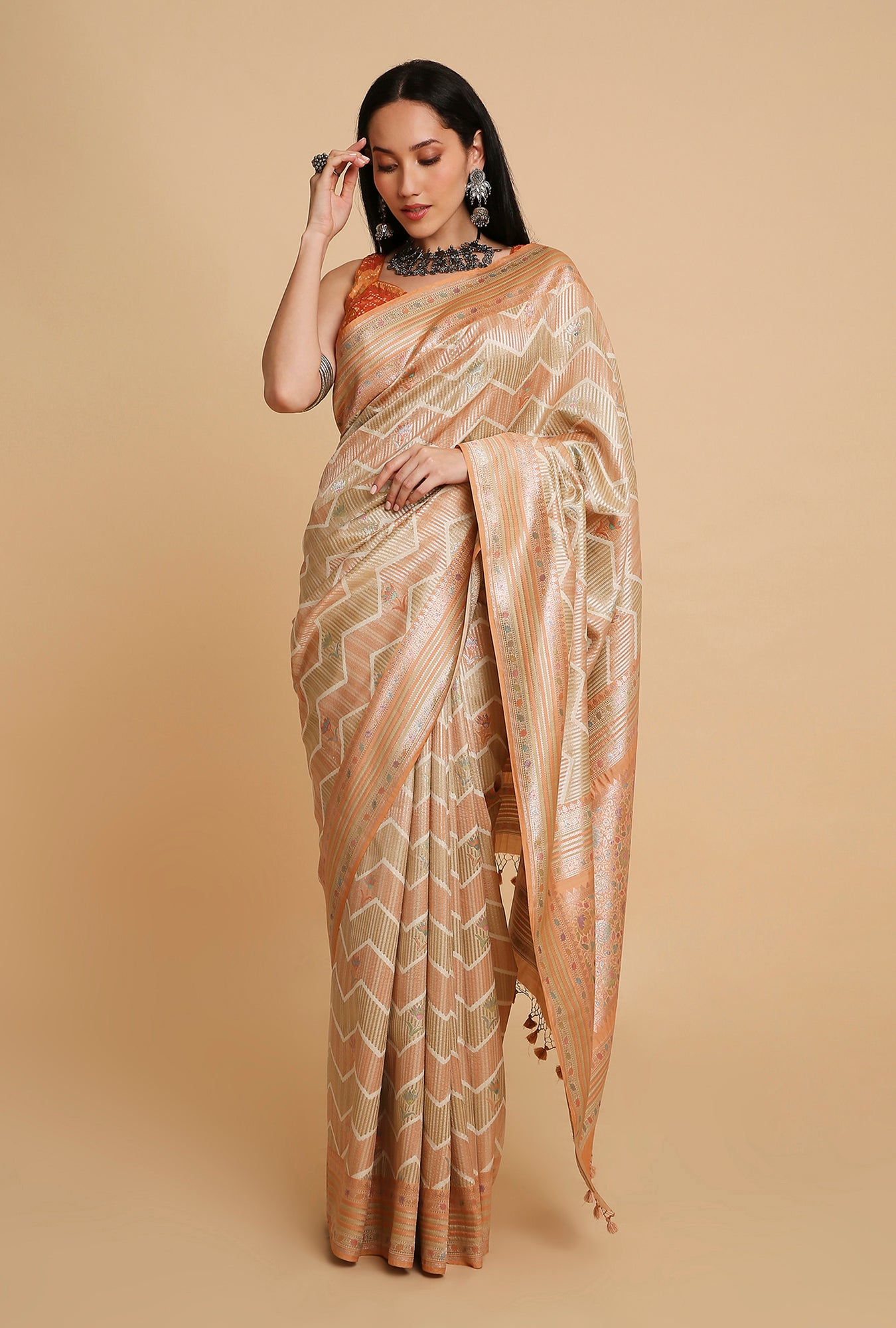 LIGHT ORANGE AND GREEN WOVEN POSITION PRINT SAREE