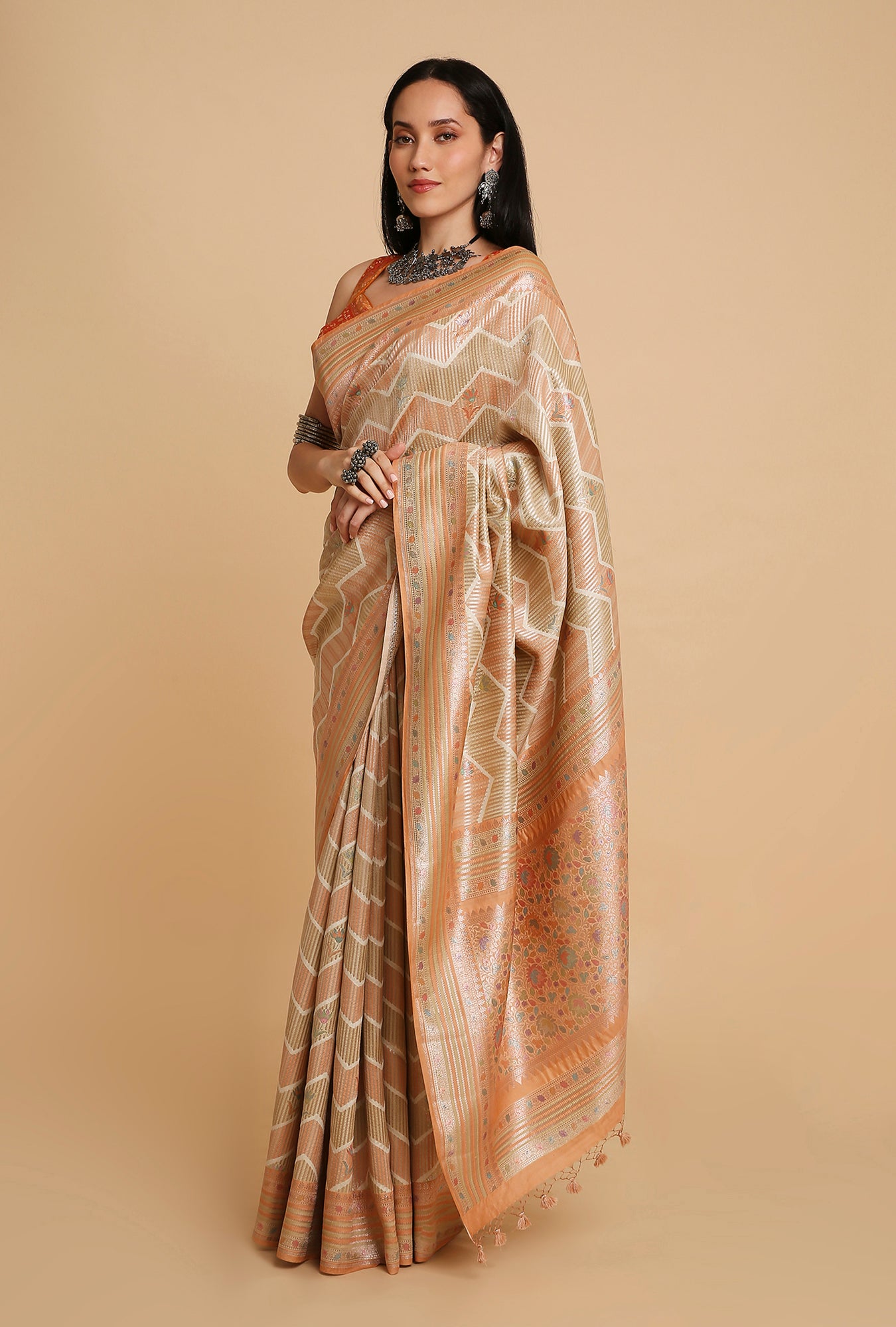 LIGHT ORANGE AND GREEN WOVEN POSITION PRINT SAREE