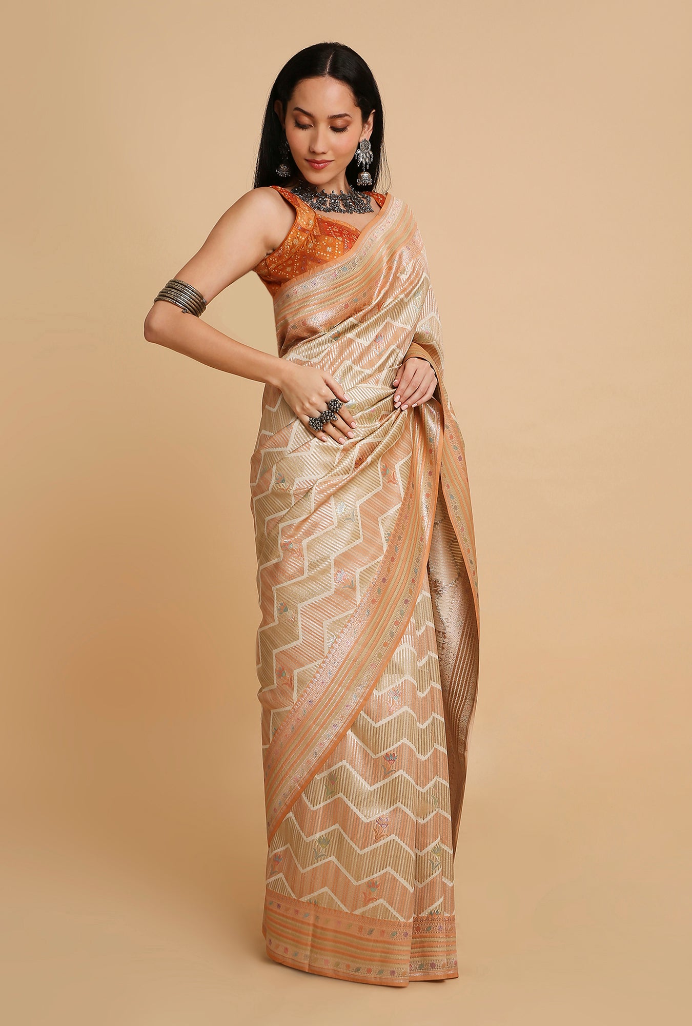 LIGHT ORANGE AND GREEN WOVEN POSITION PRINT SAREE