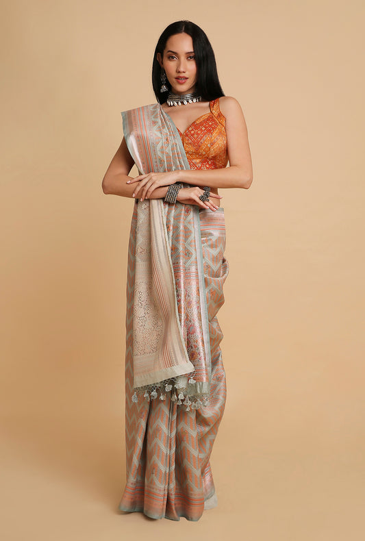 SKY GREY PEACH WOVEN POSITION PRINT SAREE