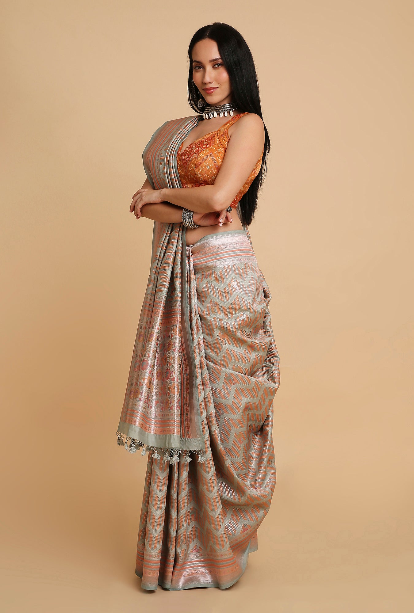 SKY GREY PEACH WOVEN POSITION PRINT SAREE