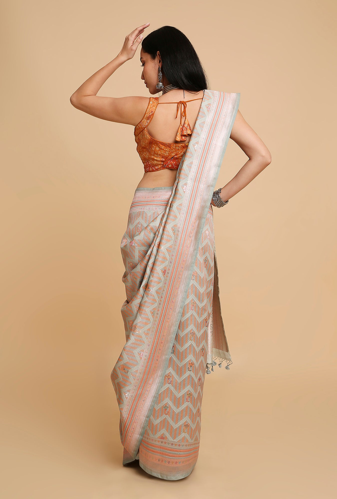 SKY GREY PEACH WOVEN POSITION PRINT SAREE