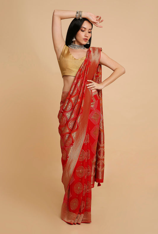 RED GEORGETTE BANDHANI SAREE
