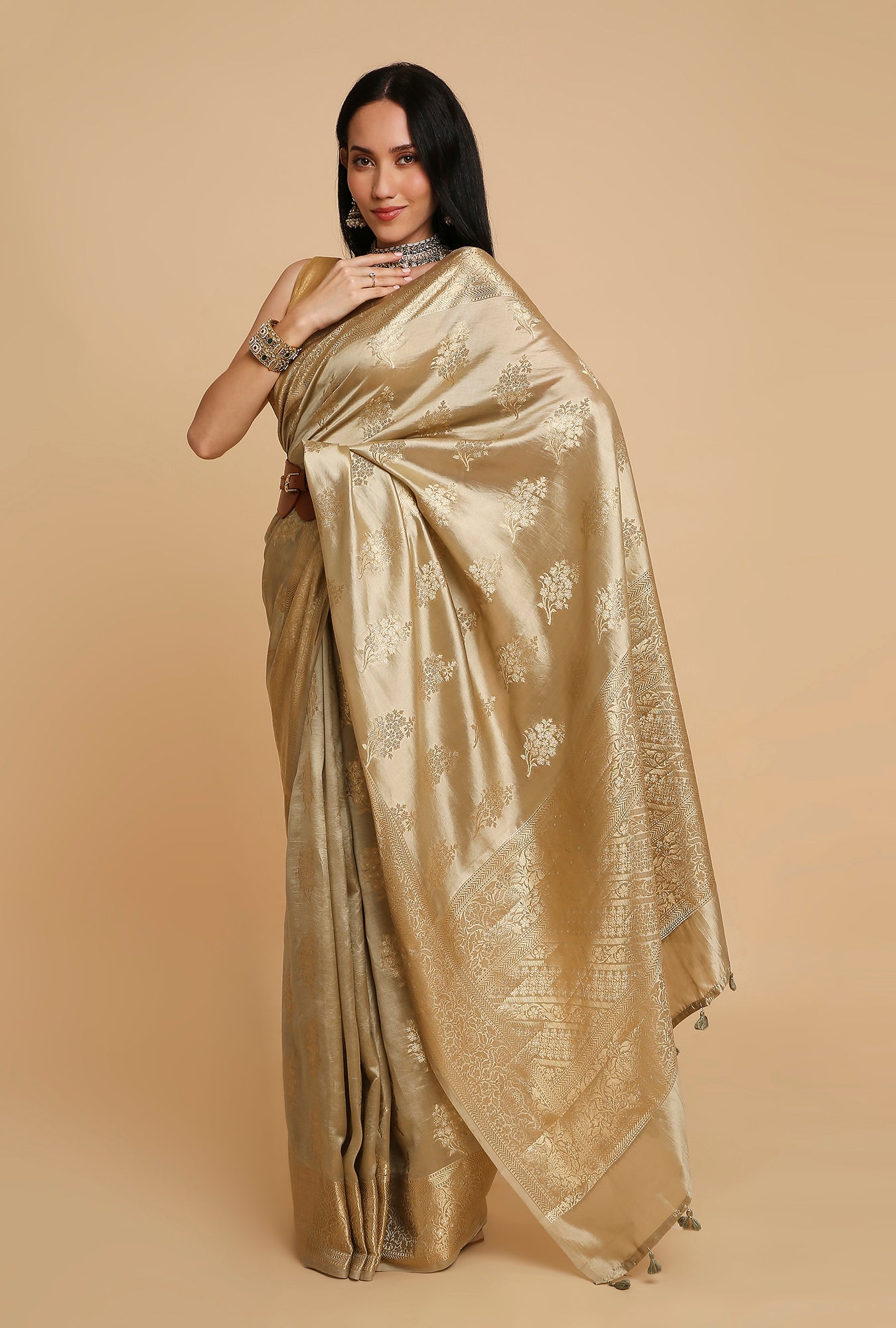 LIGHT OLIVE GREEN CHINIYA SILK SAREE