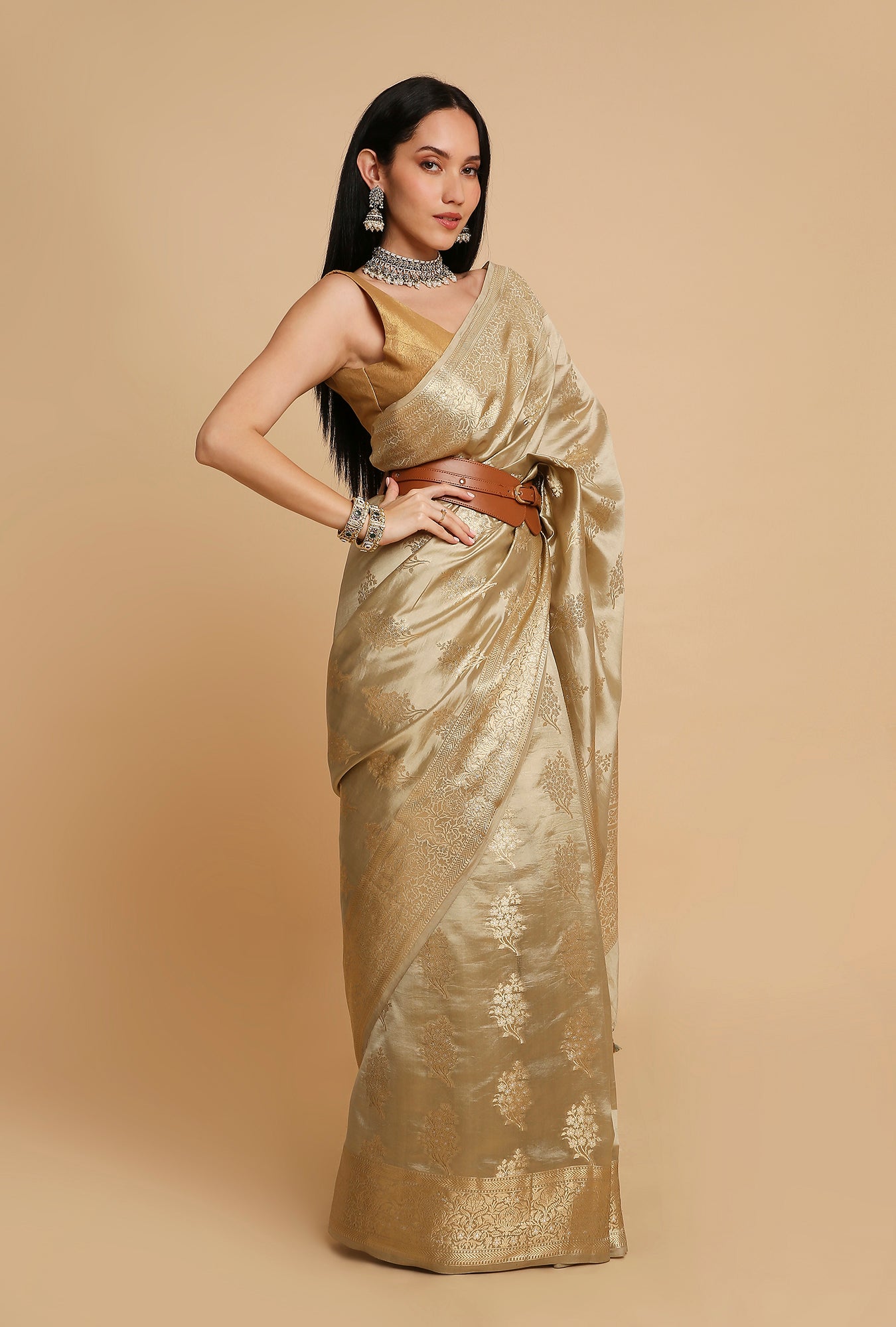 LIGHT OLIVE GREEN CHINIYA SILK SAREE