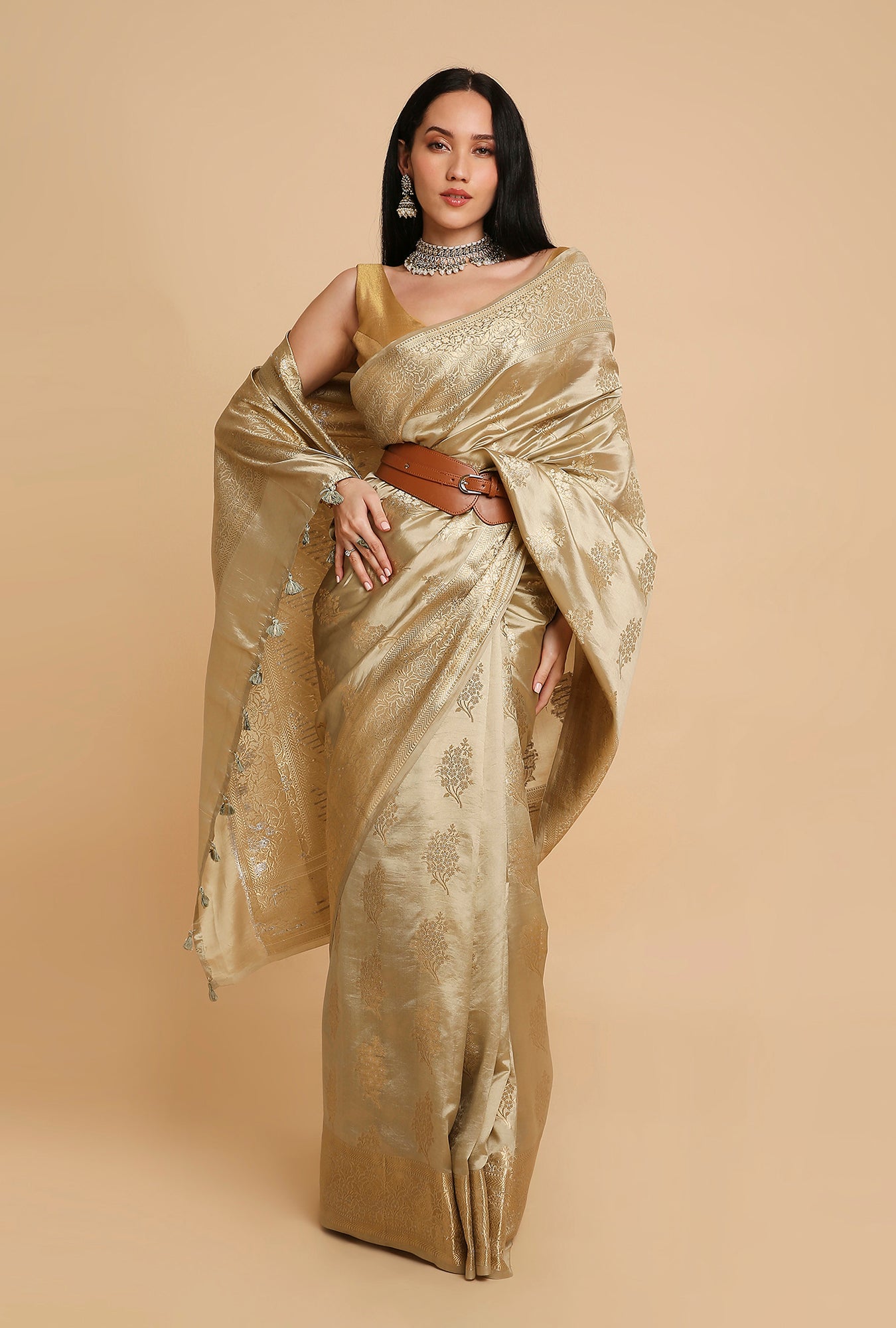 LIGHT OLIVE GREEN CHINIYA SILK SAREE