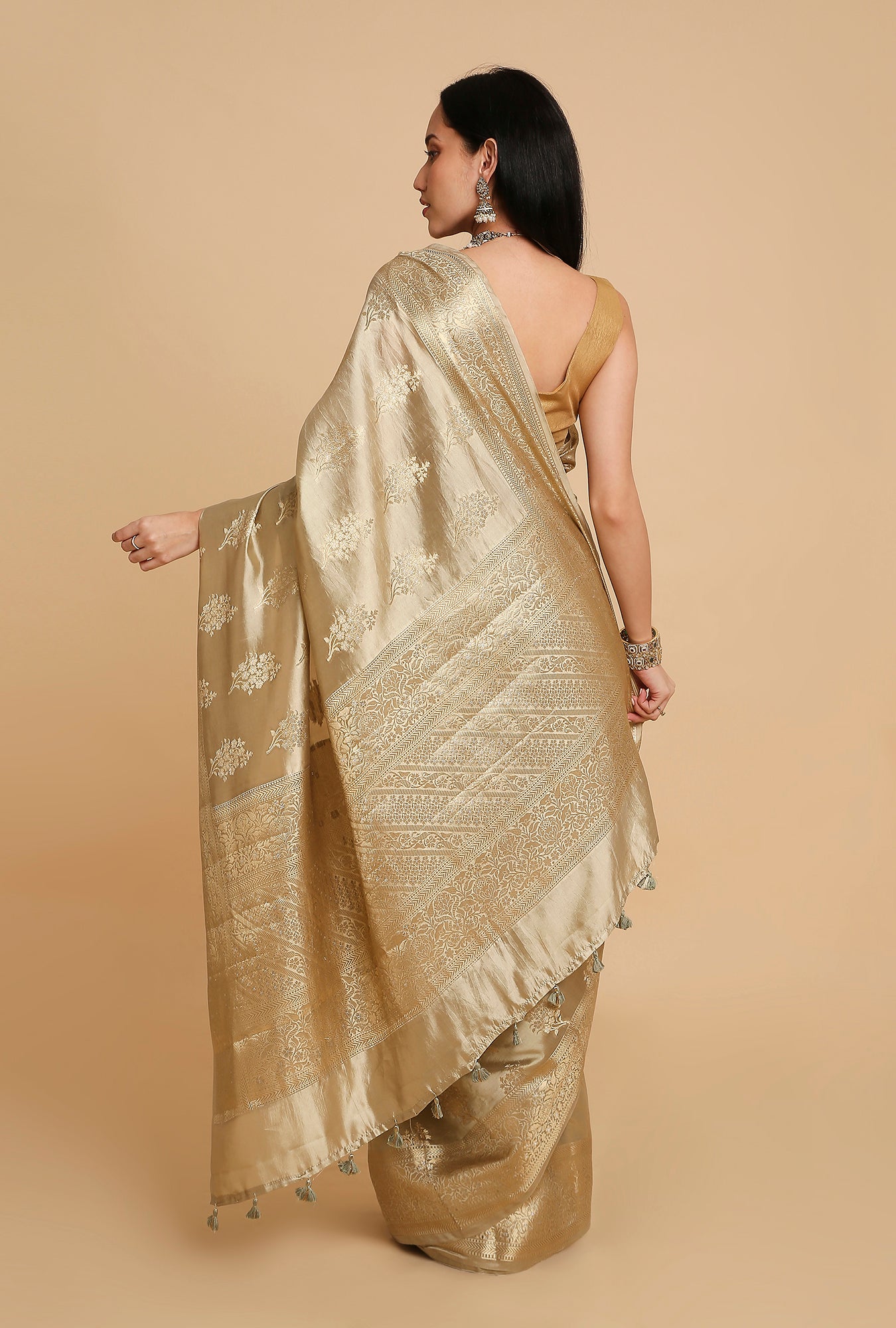LIGHT OLIVE GREEN CHINIYA SILK SAREE
