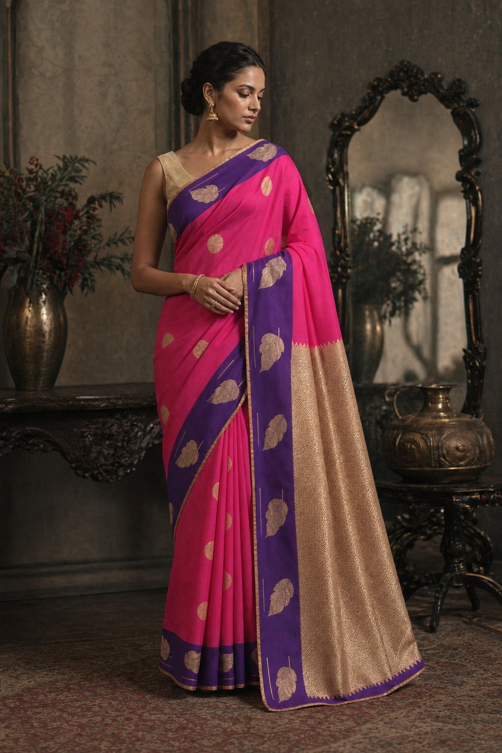 PINK PURPLE WITH DESIGNER POLKA DOT MUGA SILK SAREE - Front View