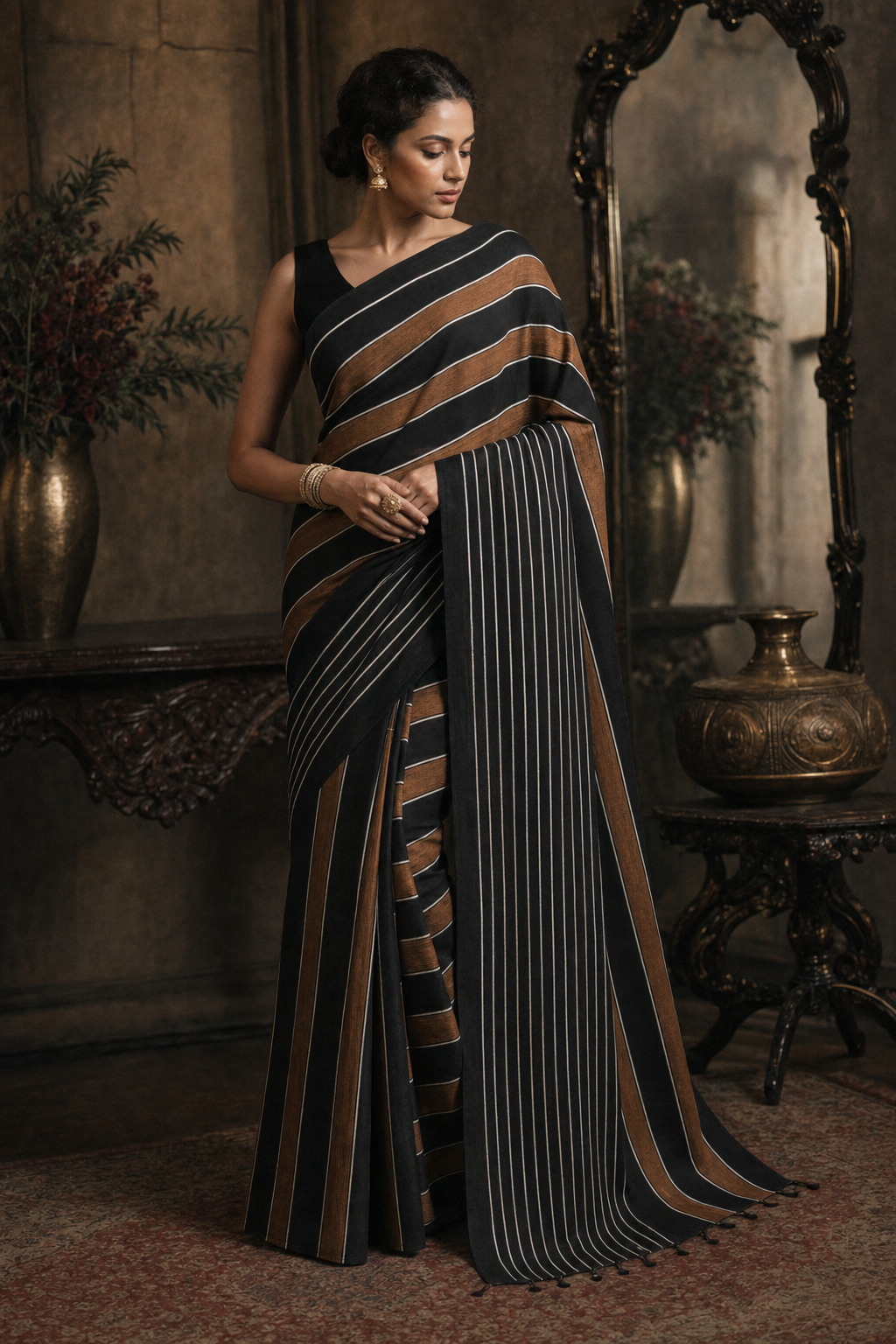 Classic Black Striped Linen Saree - Front View