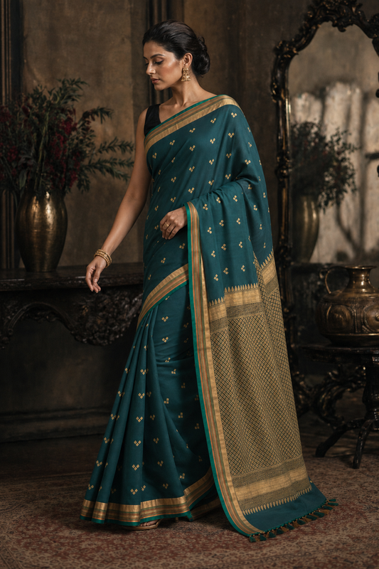 Teal Blue Gold Butti South Silk Saree - Walk View