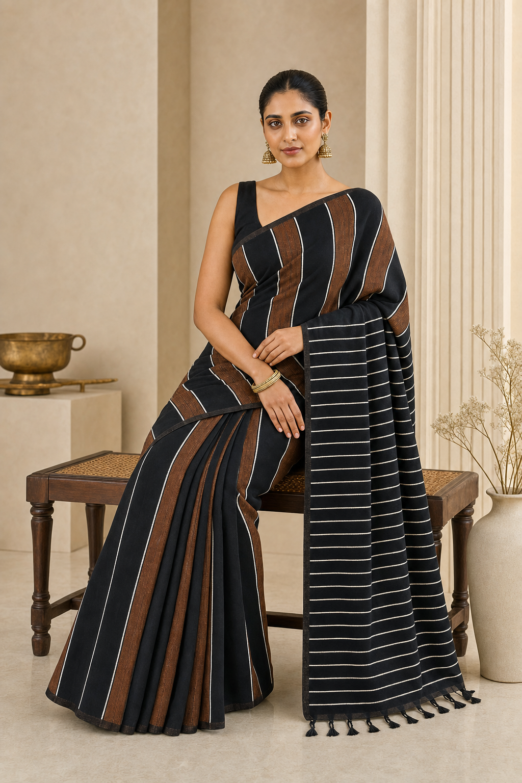 Classic Black Striped Linen Saree - Back View