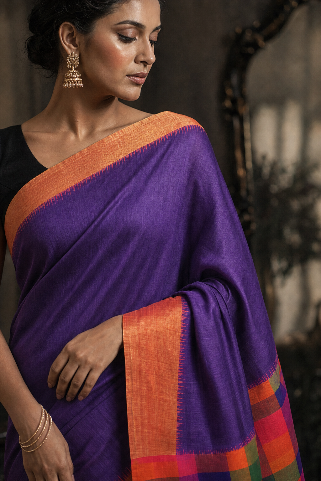 Royal Violet Checks South Silk Saree - Closeup View
