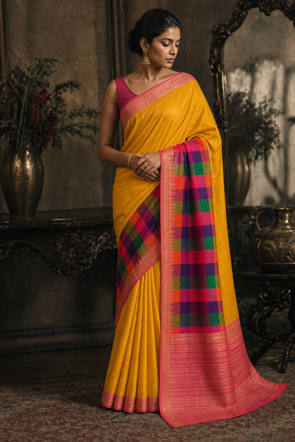 Mustard Checks Pallu Silk Saree - Front View