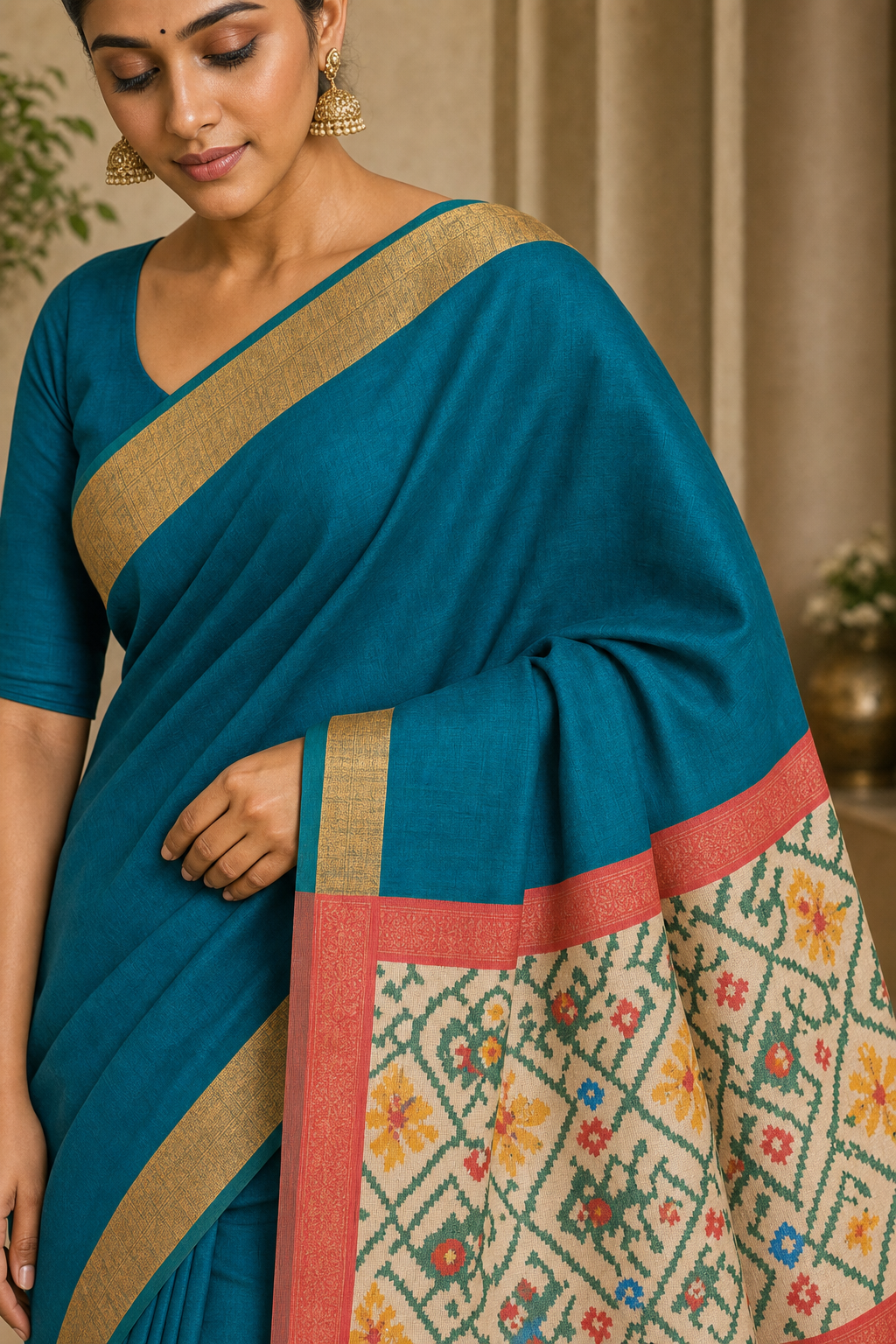 Peacock Blue Pochampally Ikat Silk Saree - Closeup View