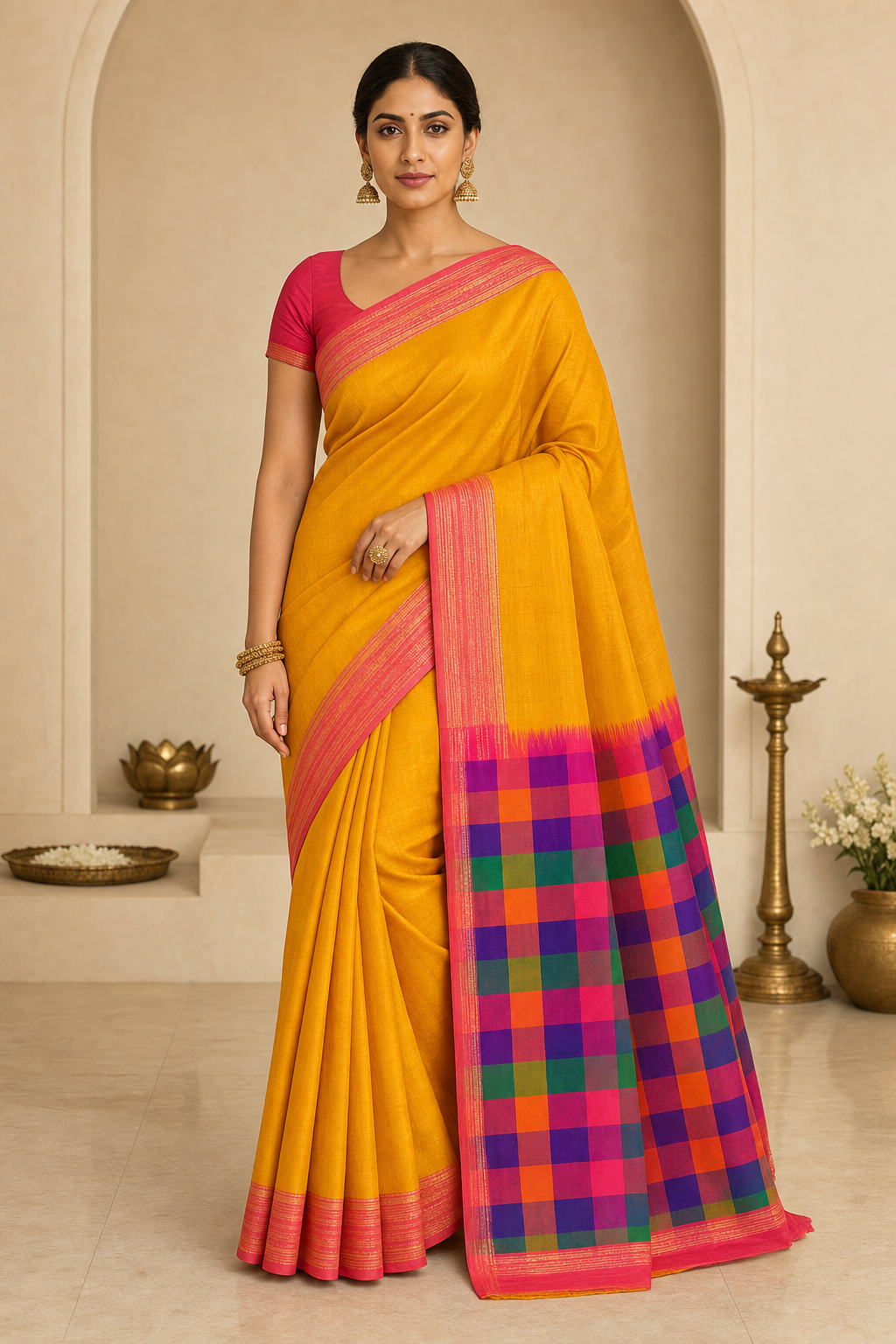 Mustard Checks Pallu Silk Saree - Front View