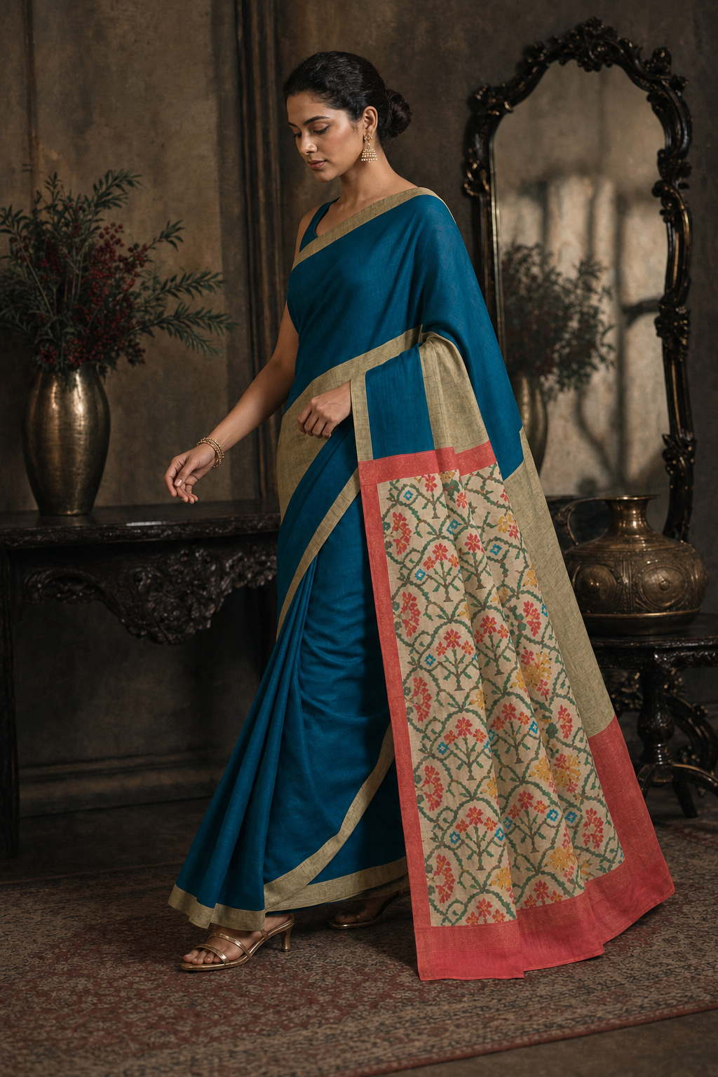 Peacock Blue Pochampally Ikat Silk Saree - Walk View