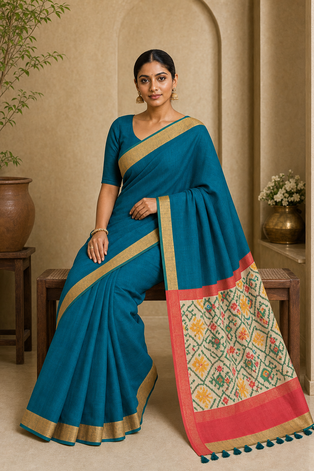 Peacock Blue Pochampally Ikat Silk Saree - Back View